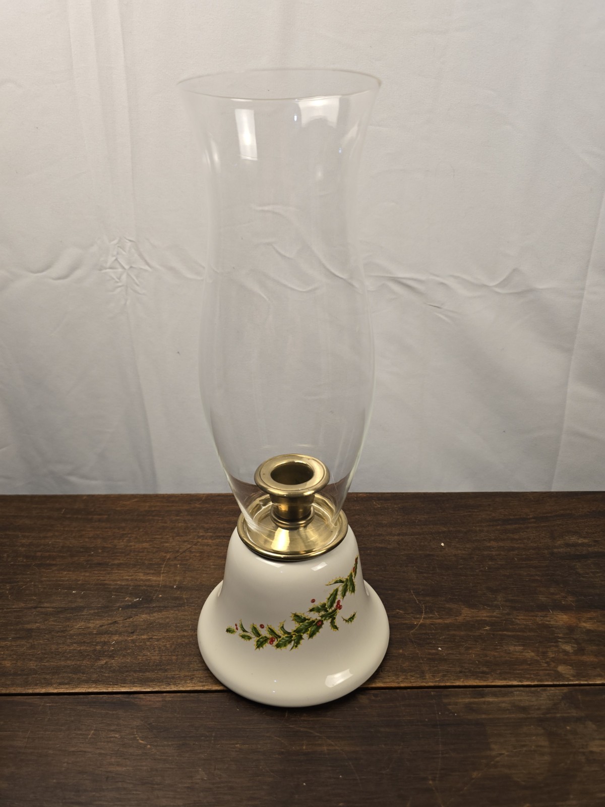 VTG Teleflora Glass Hurricane Candle Lamp Porcelain Base Holly Berry Christmas
