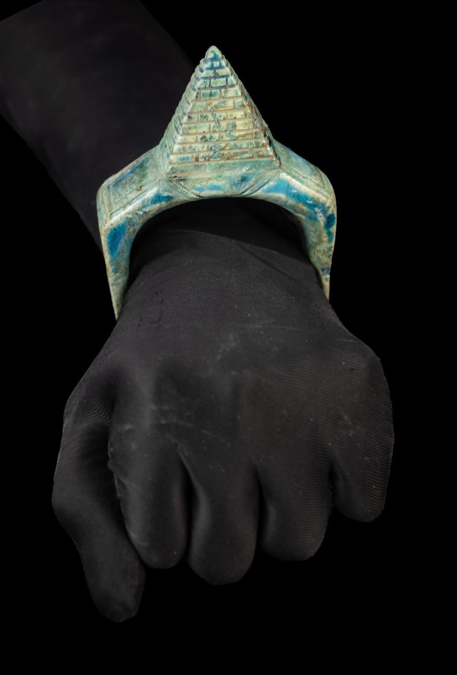 Rare Antique Faience Bracelet with Pyramid Ancient Egyptian Antiquities BC Era Rare Antique Faience Bracelet with Pyramid Ancient Egyptian Antiquities BC Era