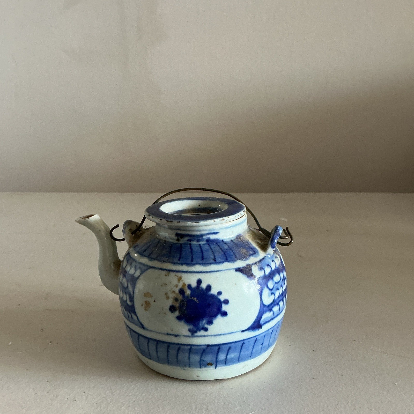 Antique Chinese blue and white porcelain tea pot late 19 century Qing.