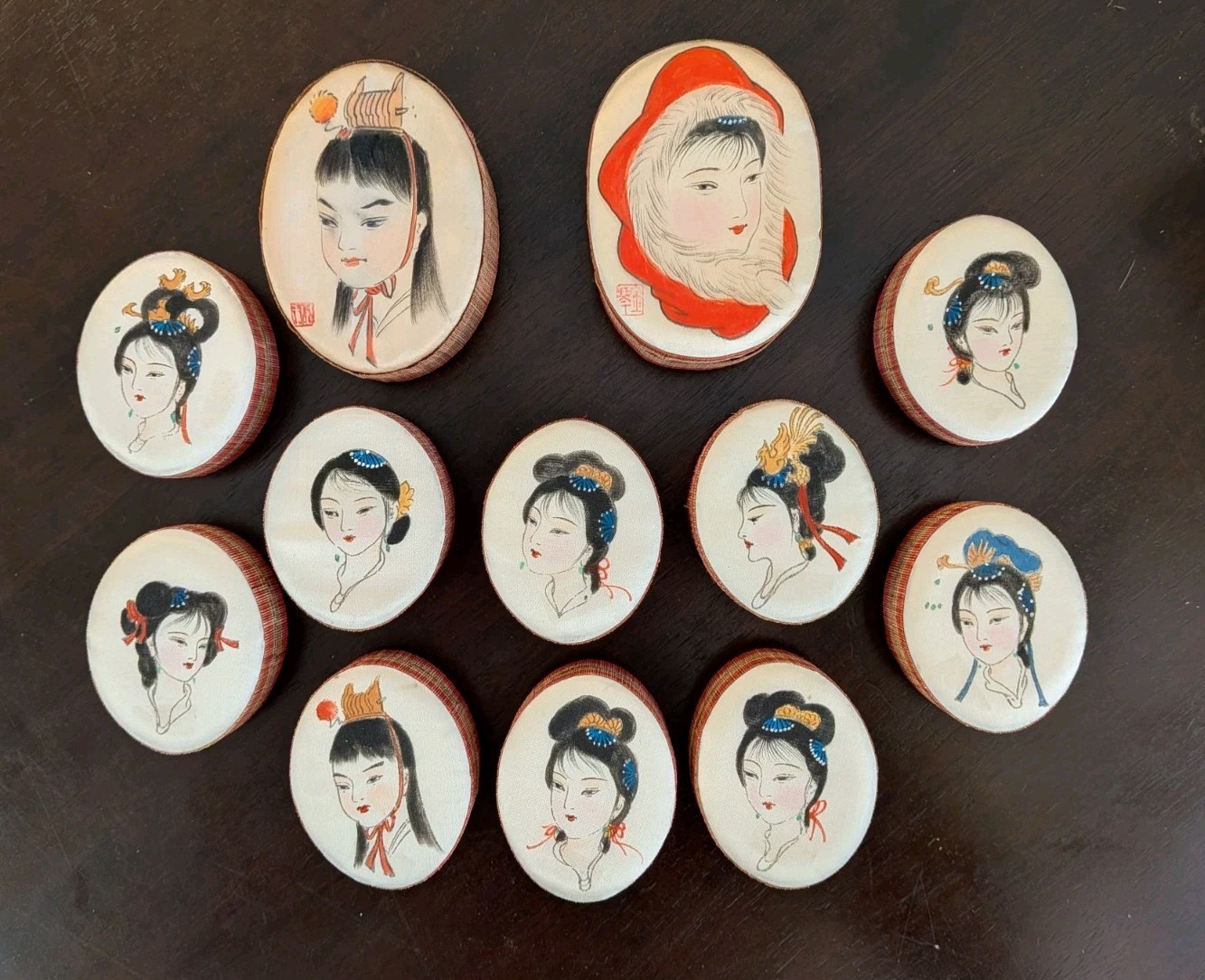 12 Vintage Trinket Boxes Japanese Geisha Hand Painted Silk With Fabric Lining
