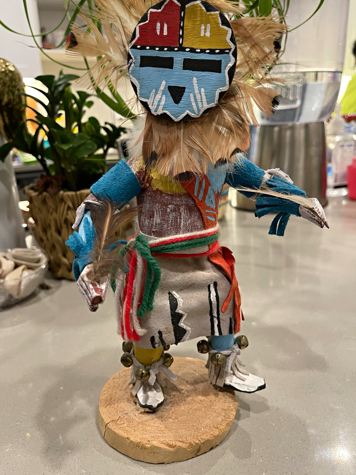 Native American Sunface Handmade Kachina Doll Figurine on Wood Base Signed