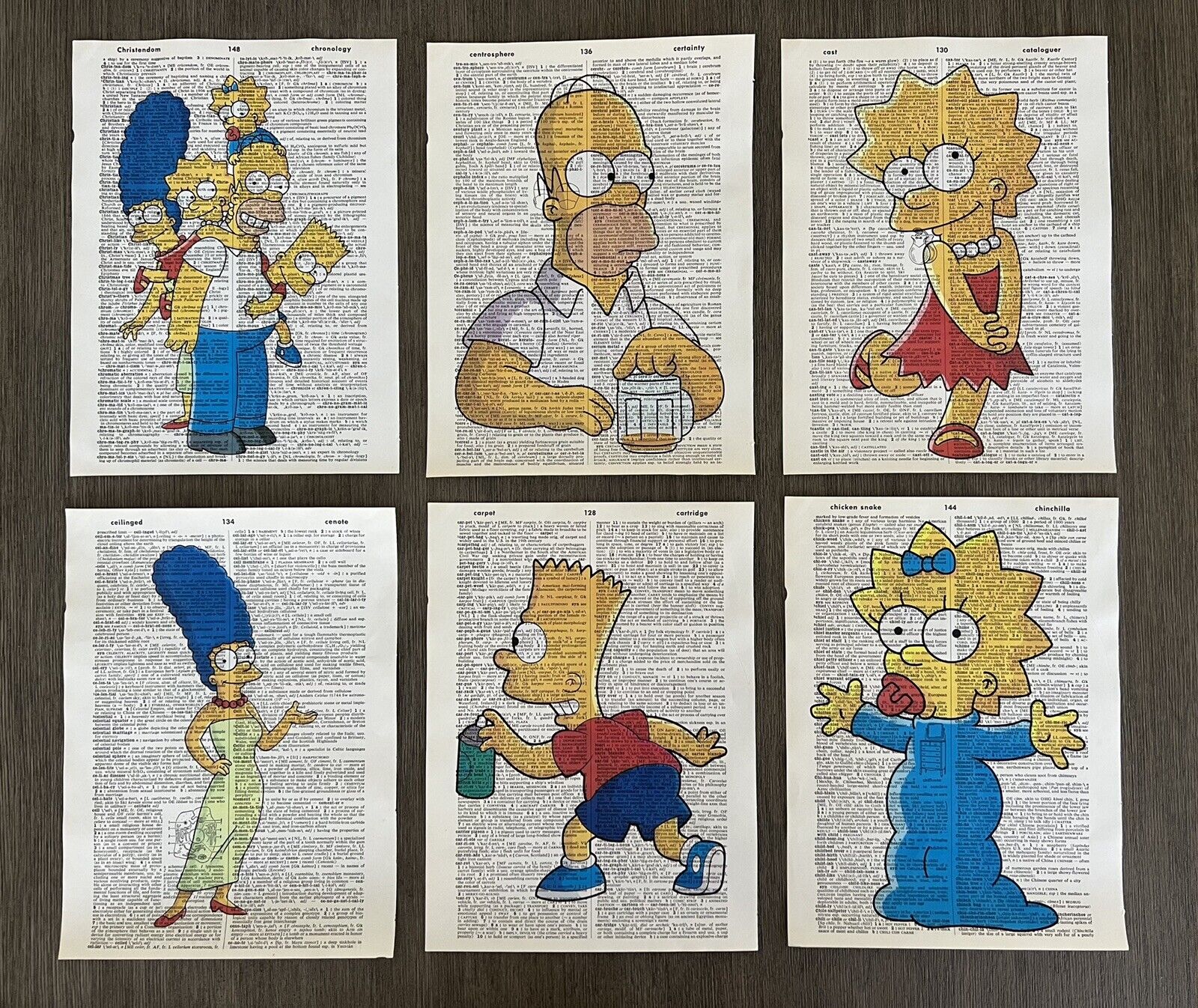 The Simpsons Vintage Dictionary Art Print Poster Bart Simpson Gift - Set of 6