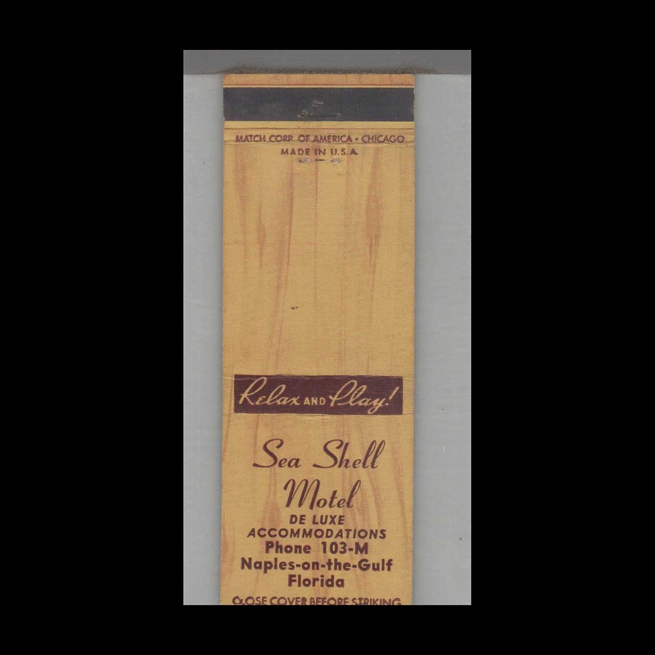 Matchbook Cover Florida Sea Shell Motel Naples On The Gulf, FL
