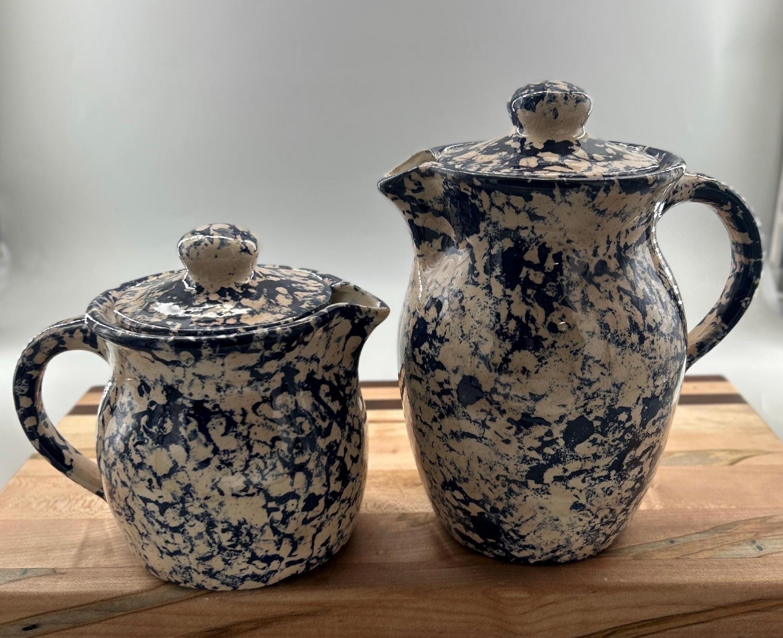 Vintage Blue Spongeware Pitcher and Creamer Set with Lids Cobalt Stoneware 4 Pc