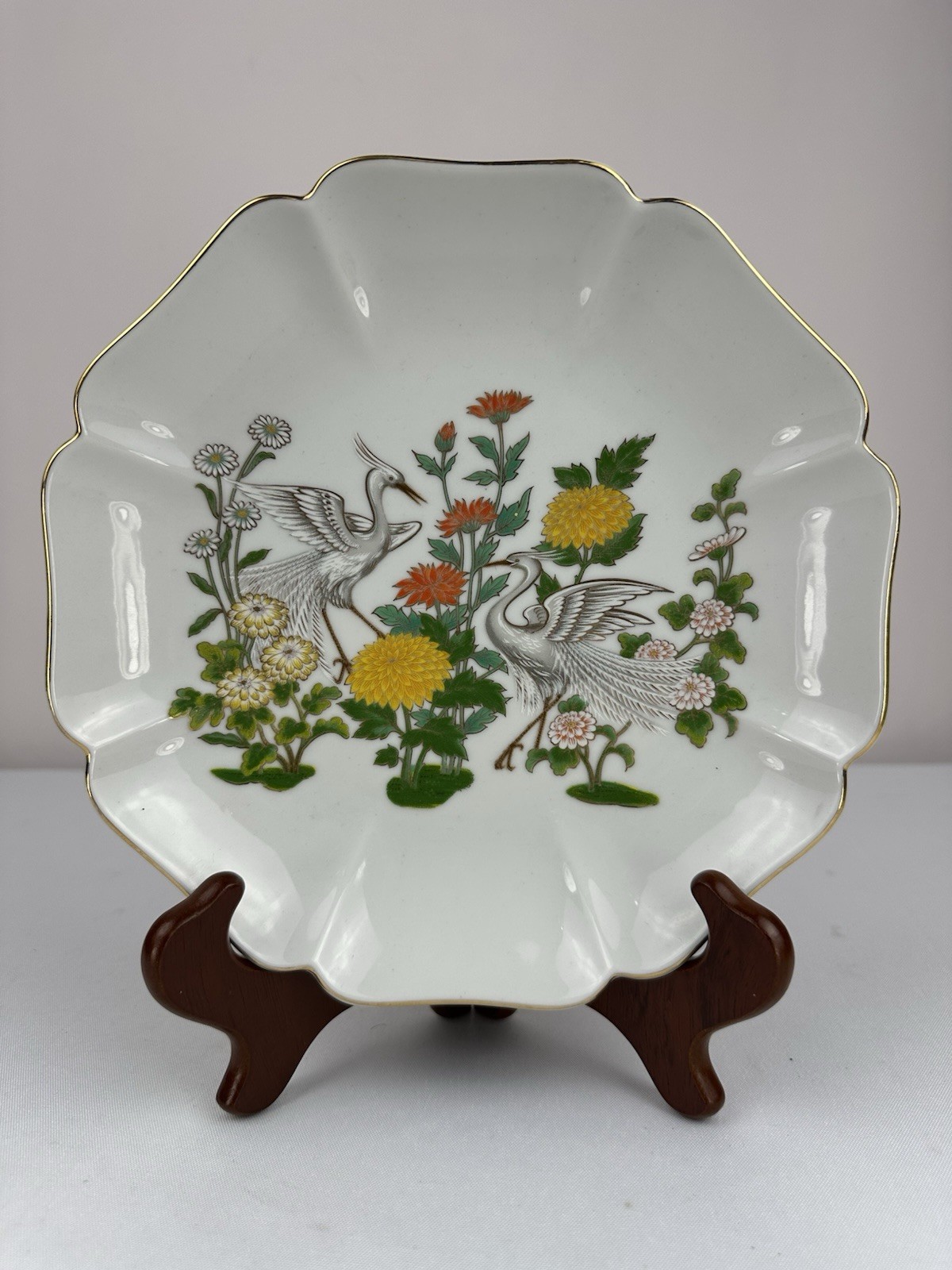 Vintage Lenwile Ardalt Japan porcelain plate, cranes daisies gold-trimmed edge