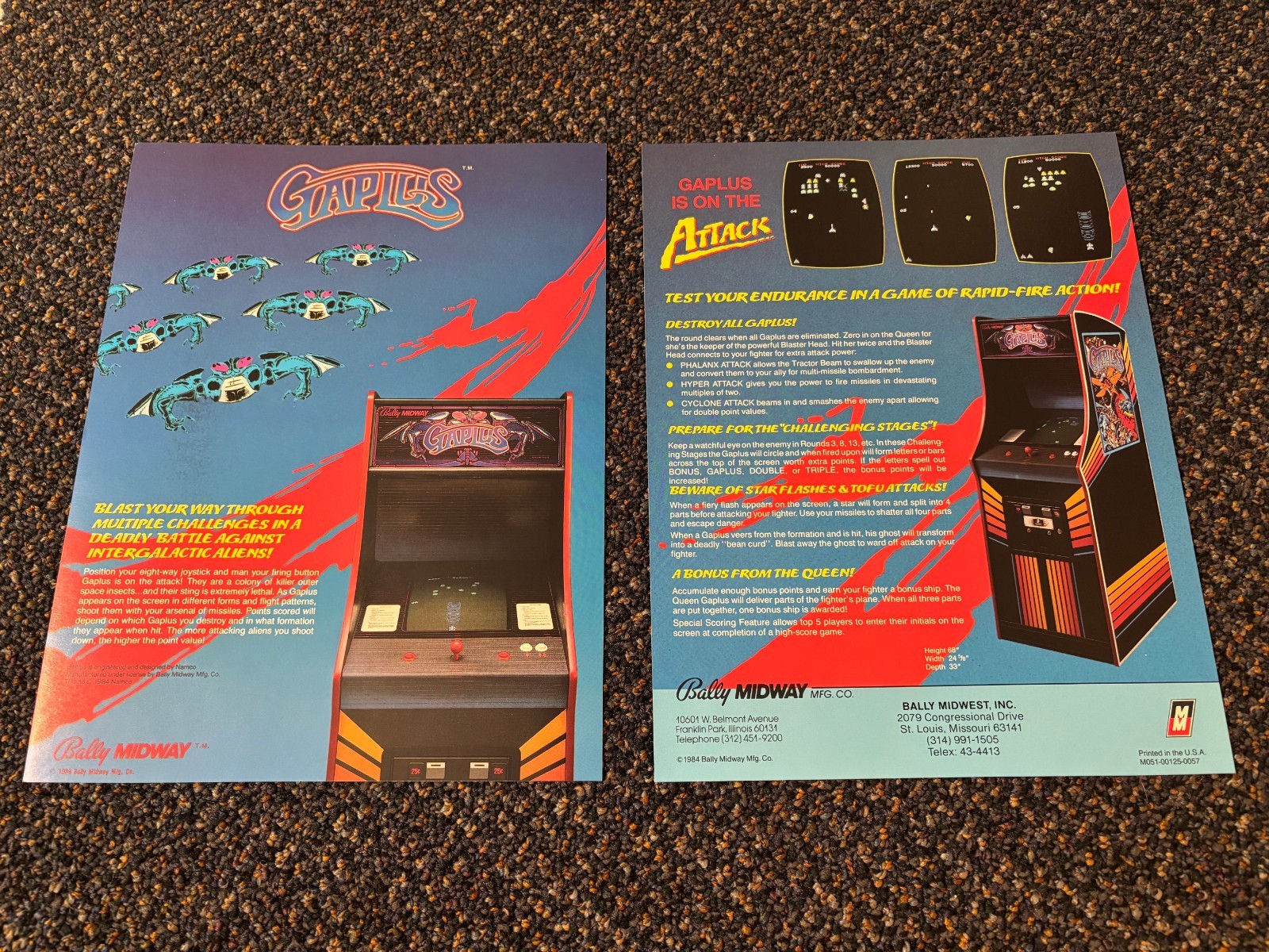 2 1984 FACTORY ORIGINAL BALLY/MIDWAY GAPLUS  VIDEO GAME PROMO FLYER UNCIRCULATED