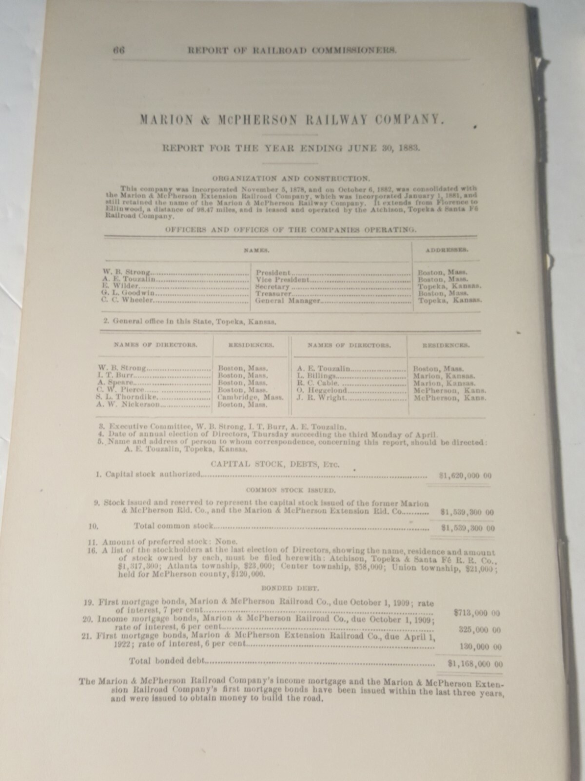1883 Kansas railroad train report Marion & McPherson Railway Ellinwood Florence 
