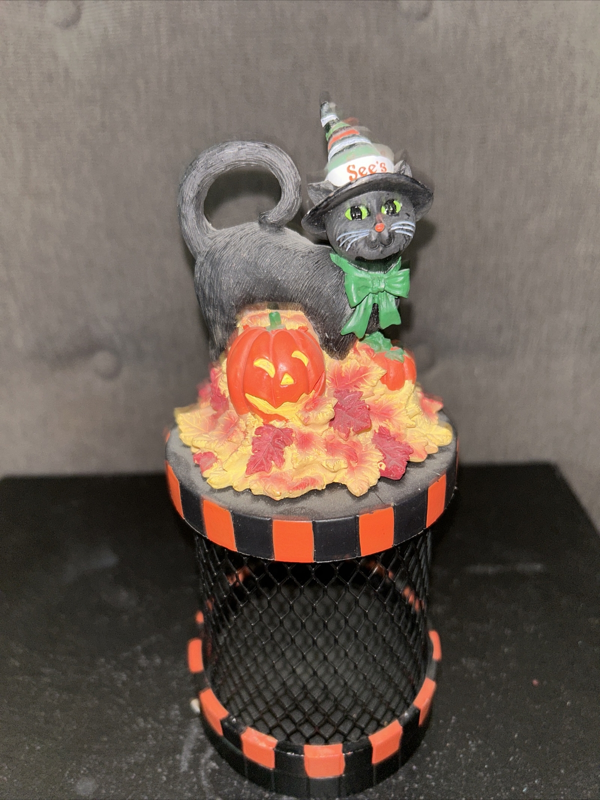 VINTAGE SEE\'S CANDIES HALLOWEEN Canister With Cat Lid  7.5” Tall