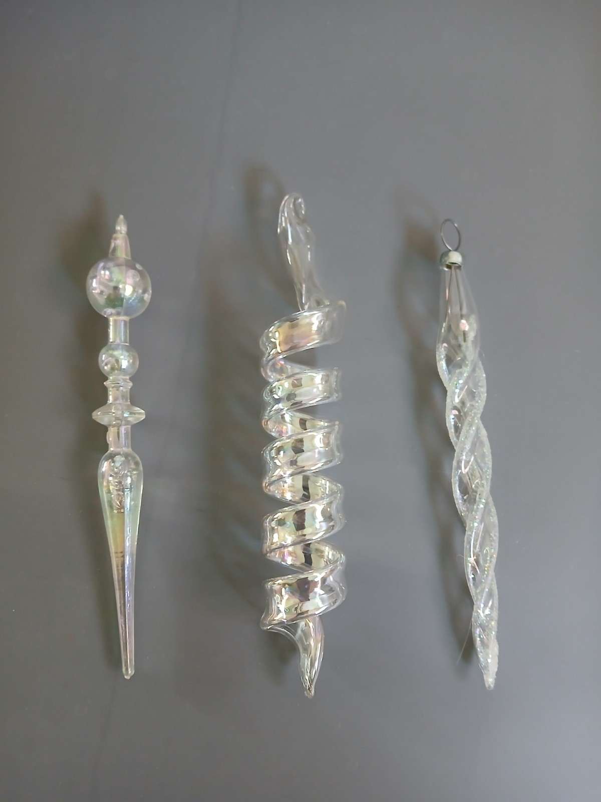 3pc Vtg Silvestri Hand Spun Blown Glass Icicle Style Christmas Ornaments Spiral