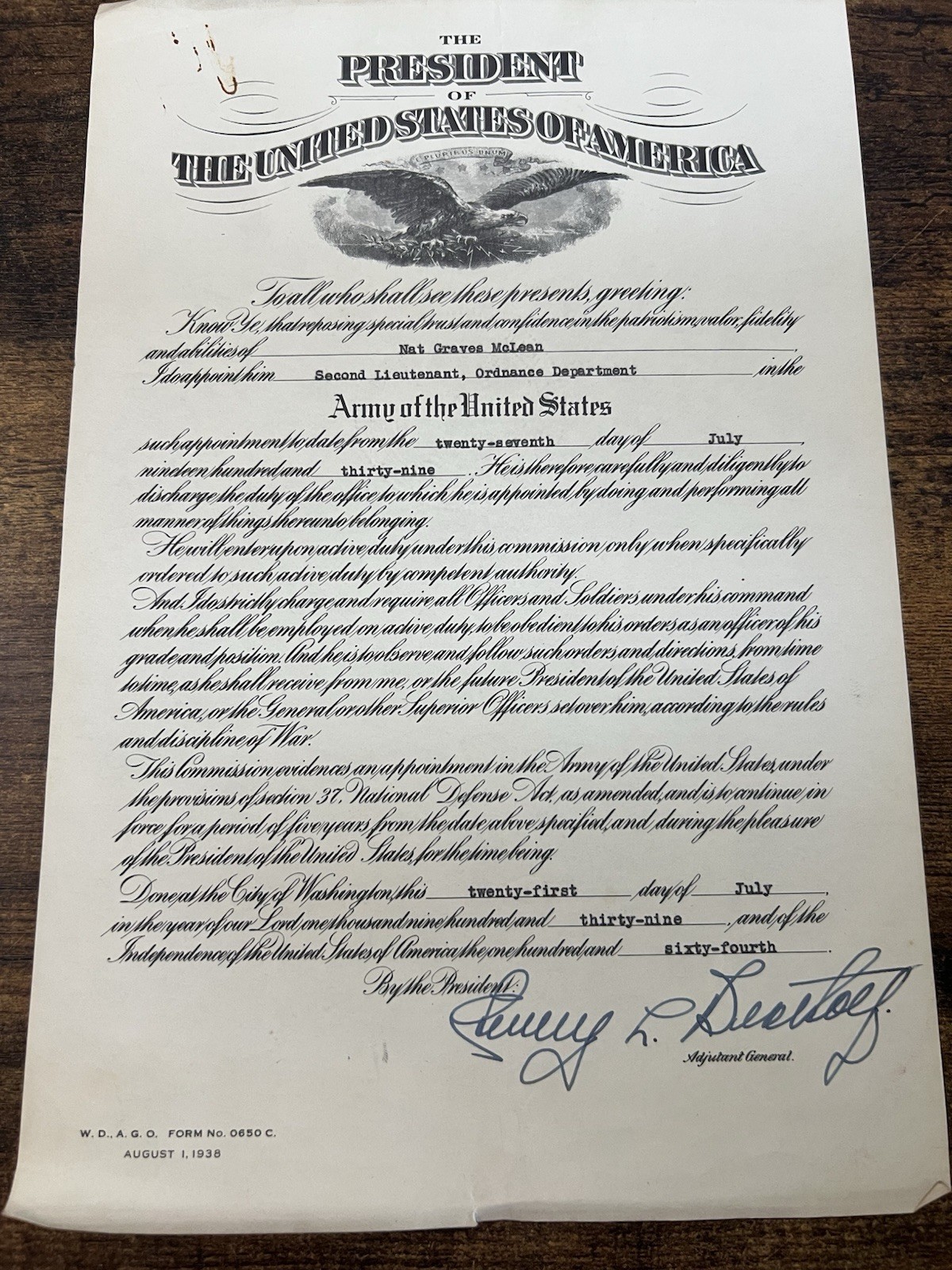 1939 US Army Presidential Commission Certificate 2nd Lieutenant Ordnance Orig