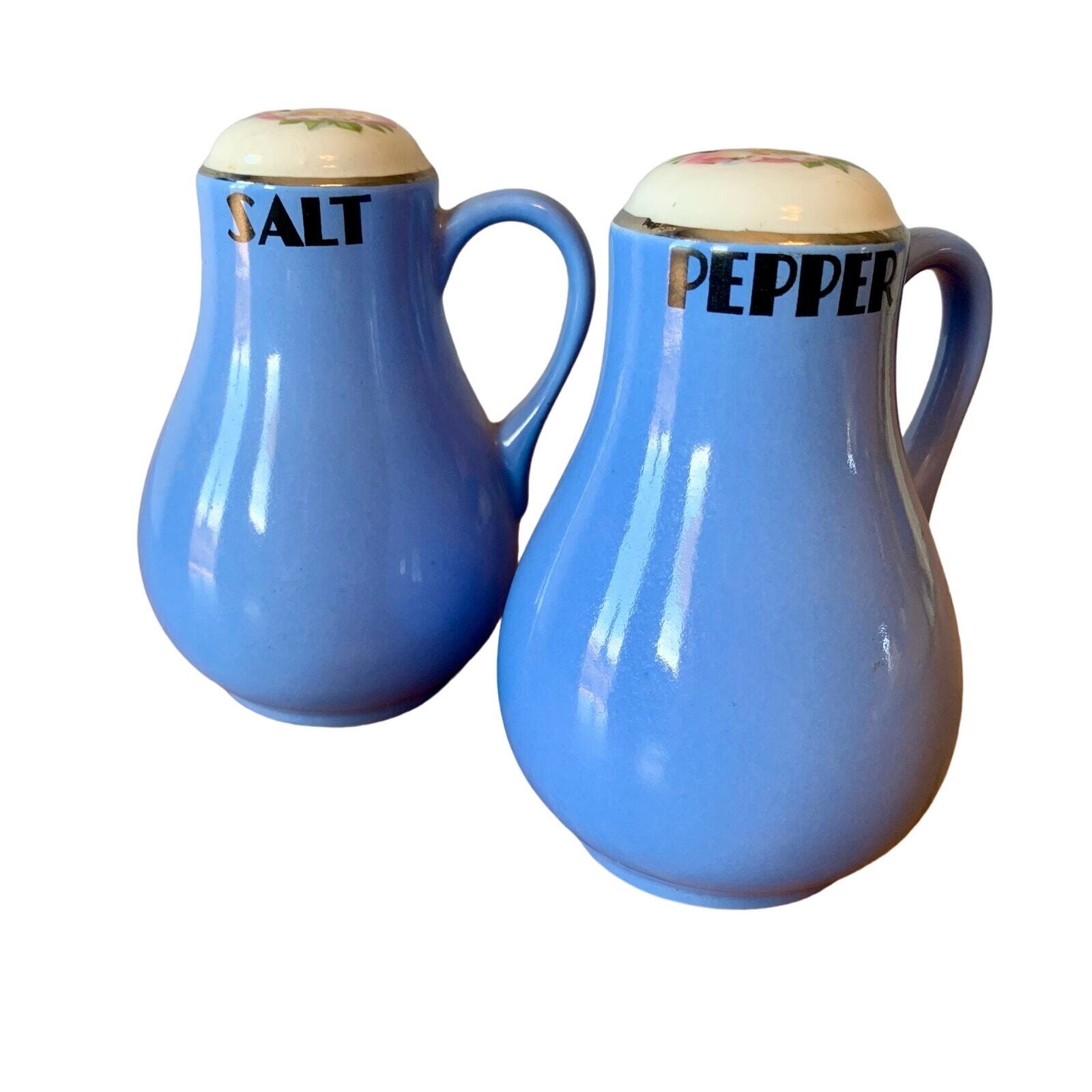 Hall Rose Parade Salt & Pepper Handled Large Stove Shakers Vintage Blue 5” 