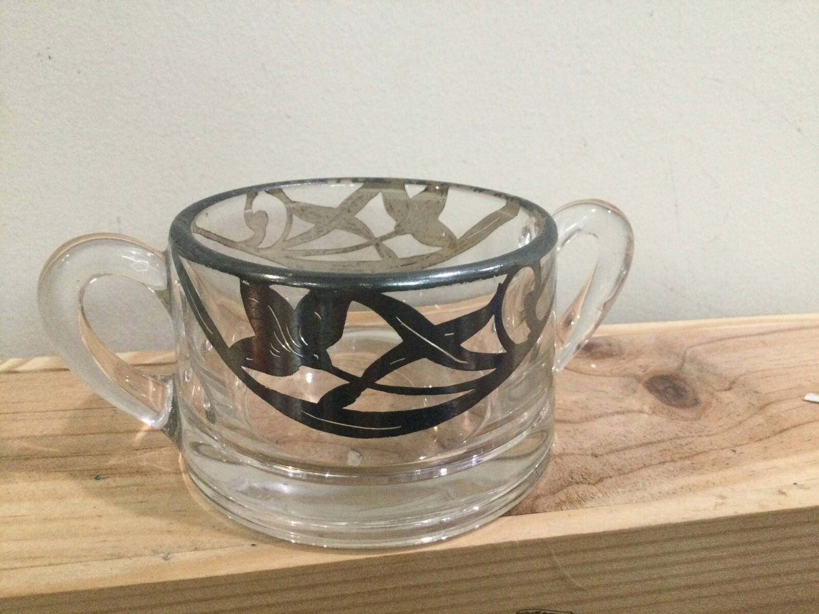 Vintage Art Clear Glass  sugar open Bowl Silver Overlay Flowers  MCM 3''X2''