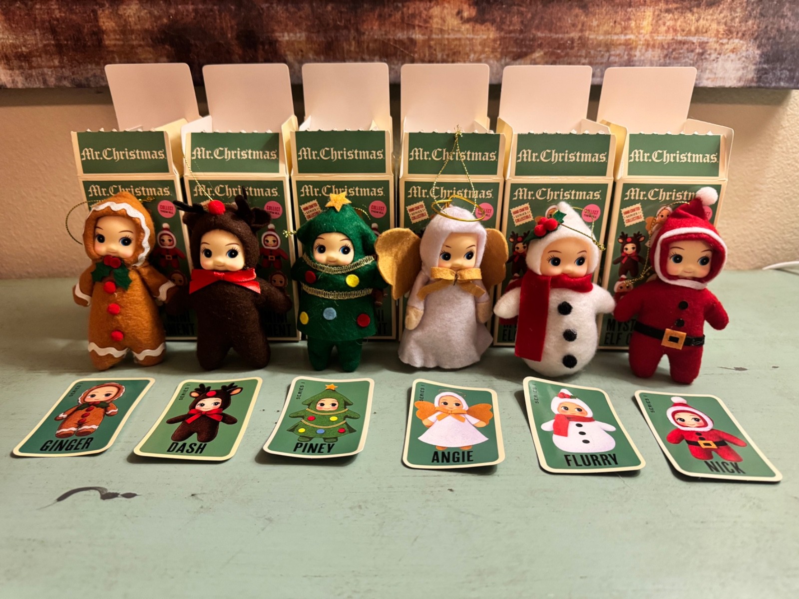 Mr Christmas Lot of 6 Mystery Elf Ornaments Ginger Dash Piney Angie Flurry Nick