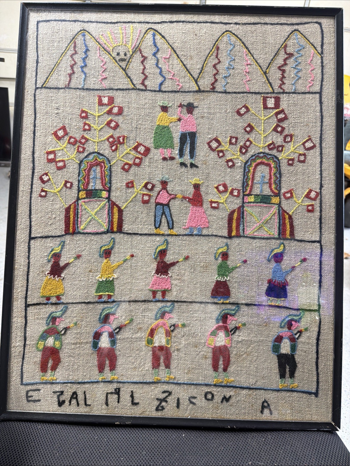 Framed Peruvian Folk Art Hand Embroidered Tapestry Andean Festival, Frame Scuff