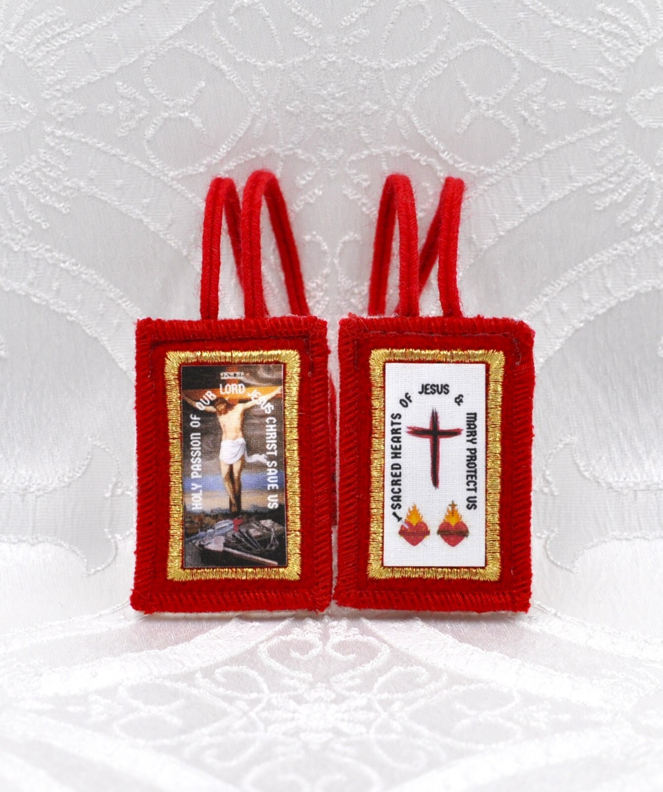 Fivefold Embroidered Wool Scapular with Braided Wool Cords, Small 2.25