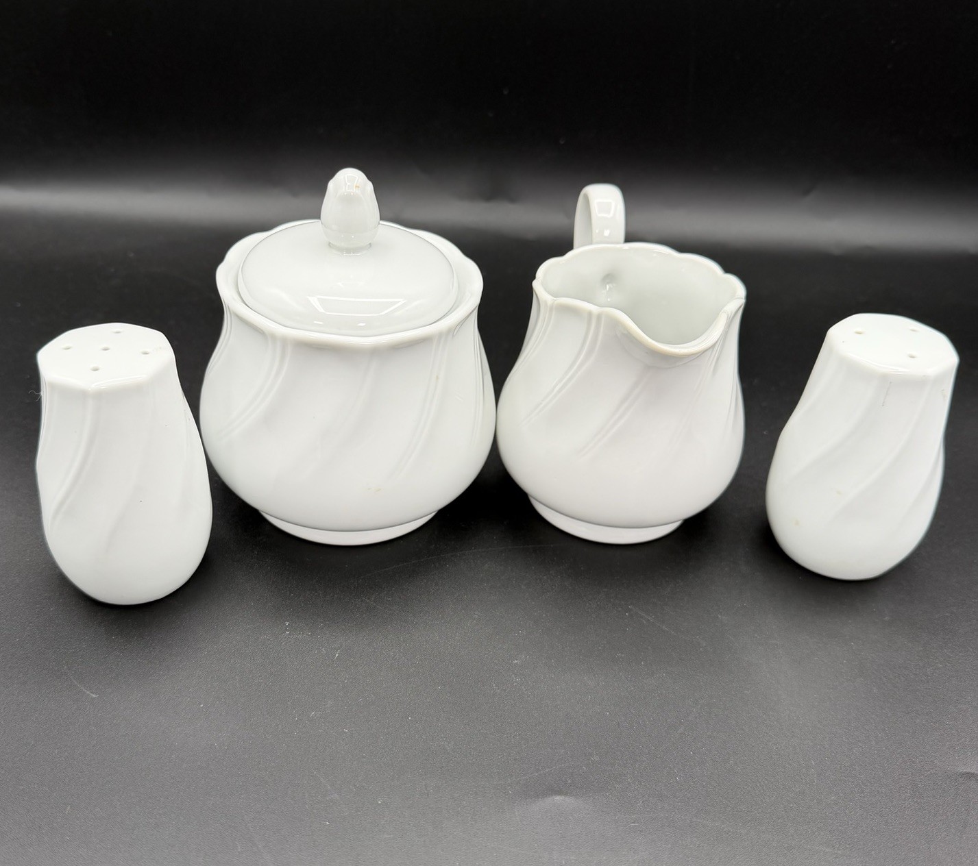 Sheffield Bone White Porcelain China Creamer Sugar Bowl Salt Pepper Set Japan