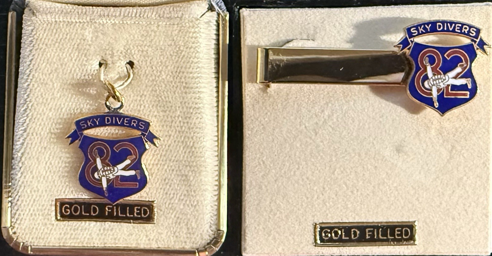 Vintage 82nd Airborne Military Tie Bar Clip & Pendant Set - gold filled