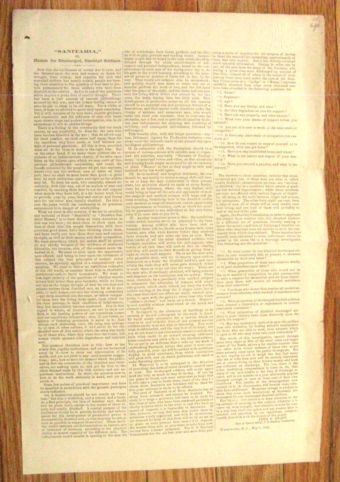 SANITARY FAIR CIVIL WAR DISABLED SOLDIERS HOME BROADSIDE 1865 SANITARY FAIR CIVIL WAR DISABLED SOLDIERS HOME BROADSIDE 1865