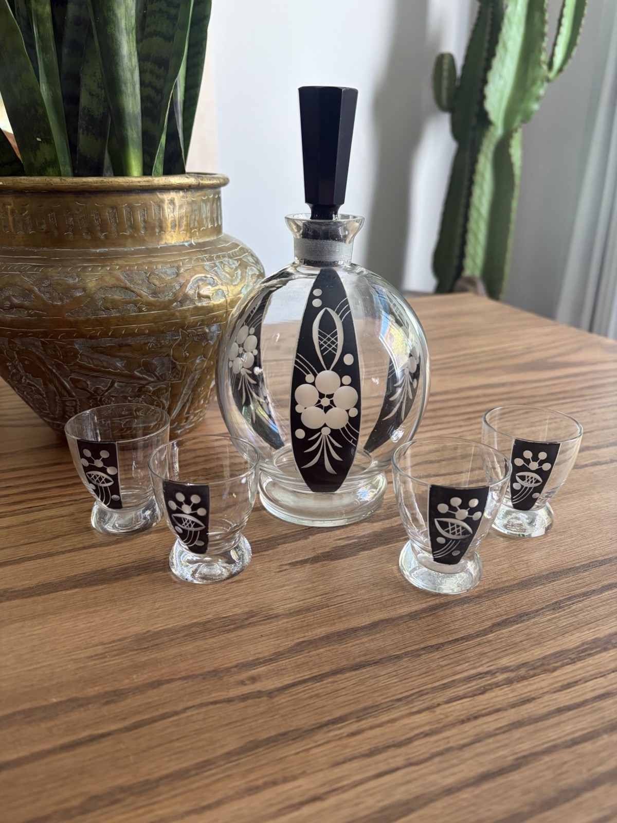 Vintage 1930s Bohemian Glass Decanter Set With Shot Glasses Black Art Deco Glass
