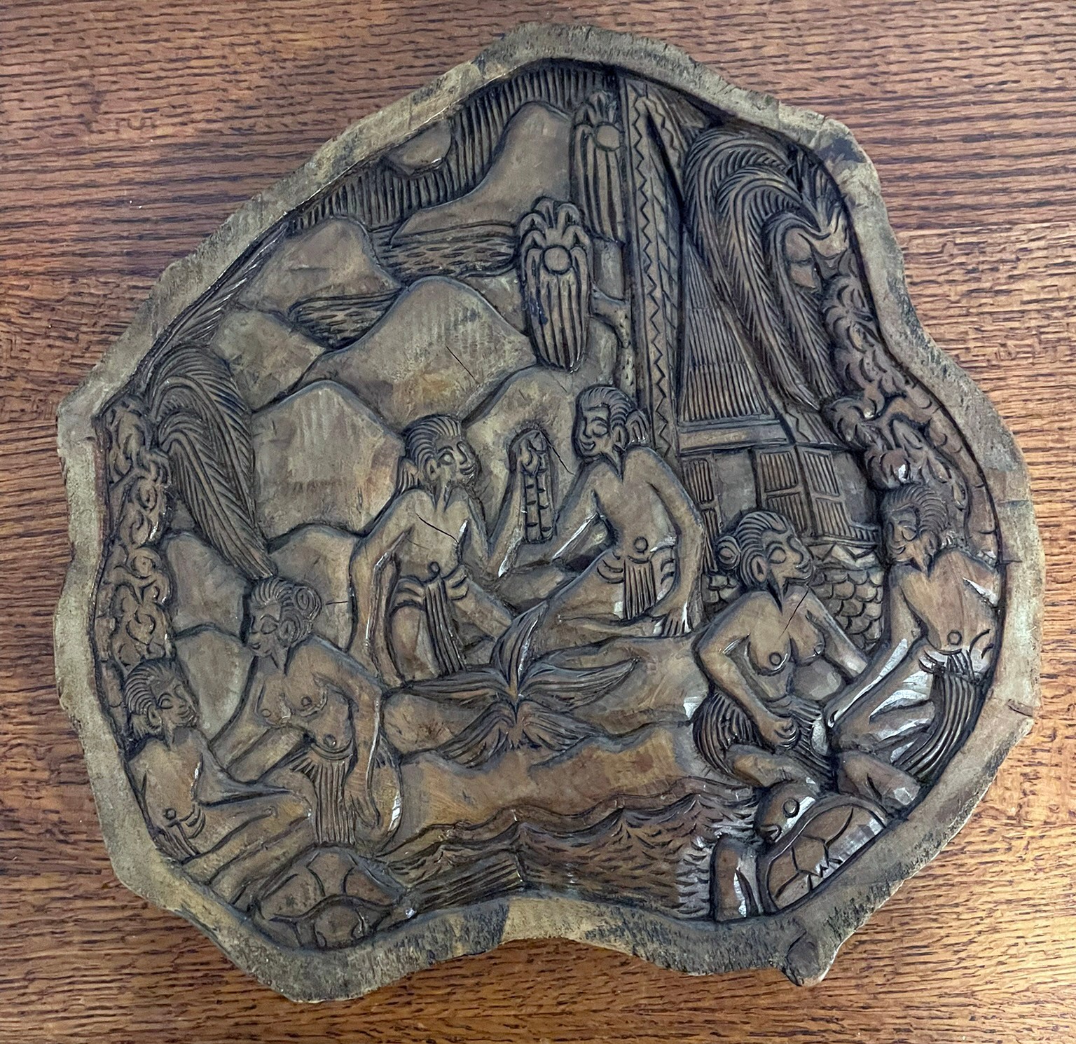 Hand Carved Palau Wood Relief Story Plaque Mermaid Turtle 15