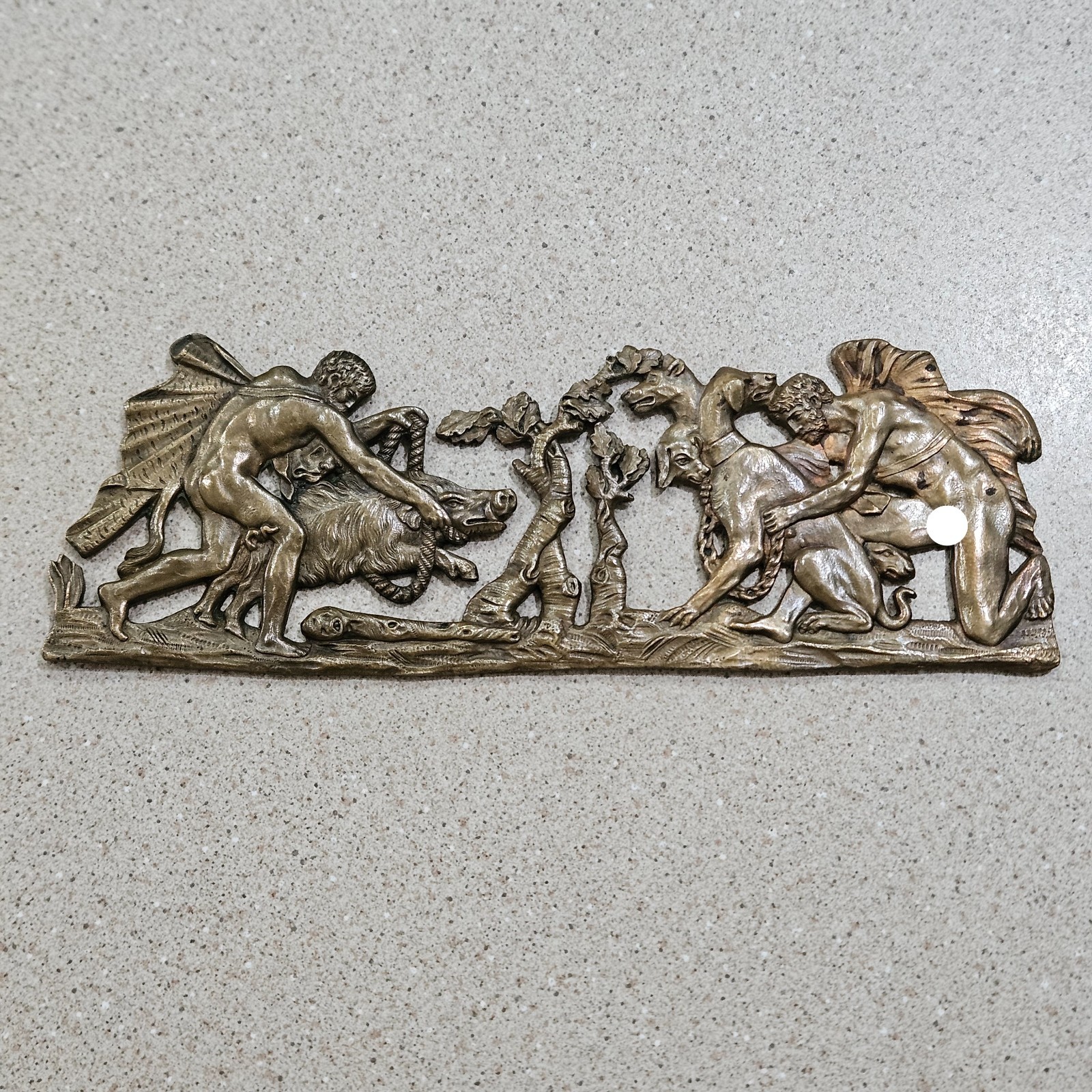 Vintage Greek Mythology Hercules Capturing Cerberus & Wild Boar Bronze Plaque