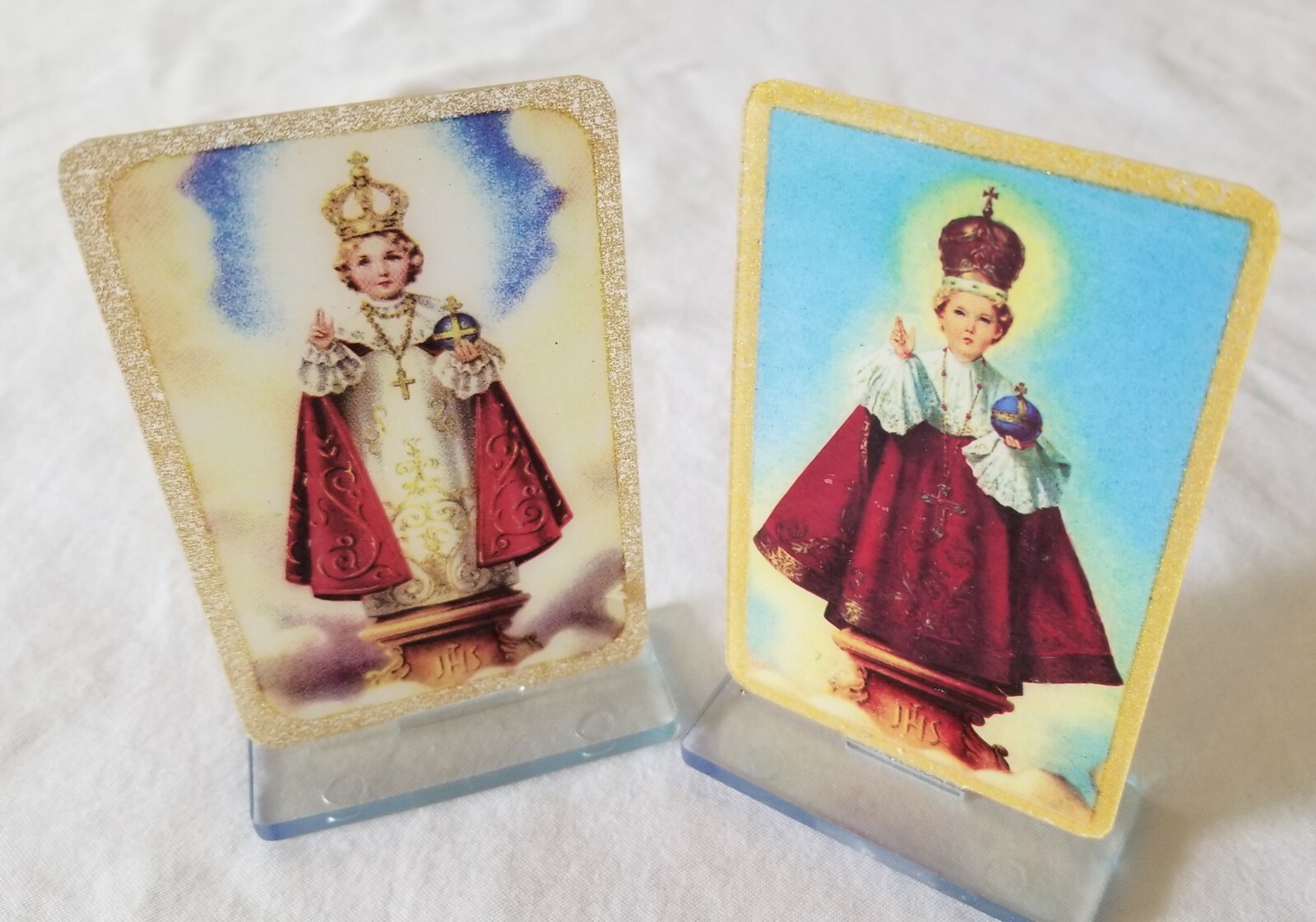 Vtg Jesus Infant of Prague 2 Prayer card plaques Translucent images Acrylic