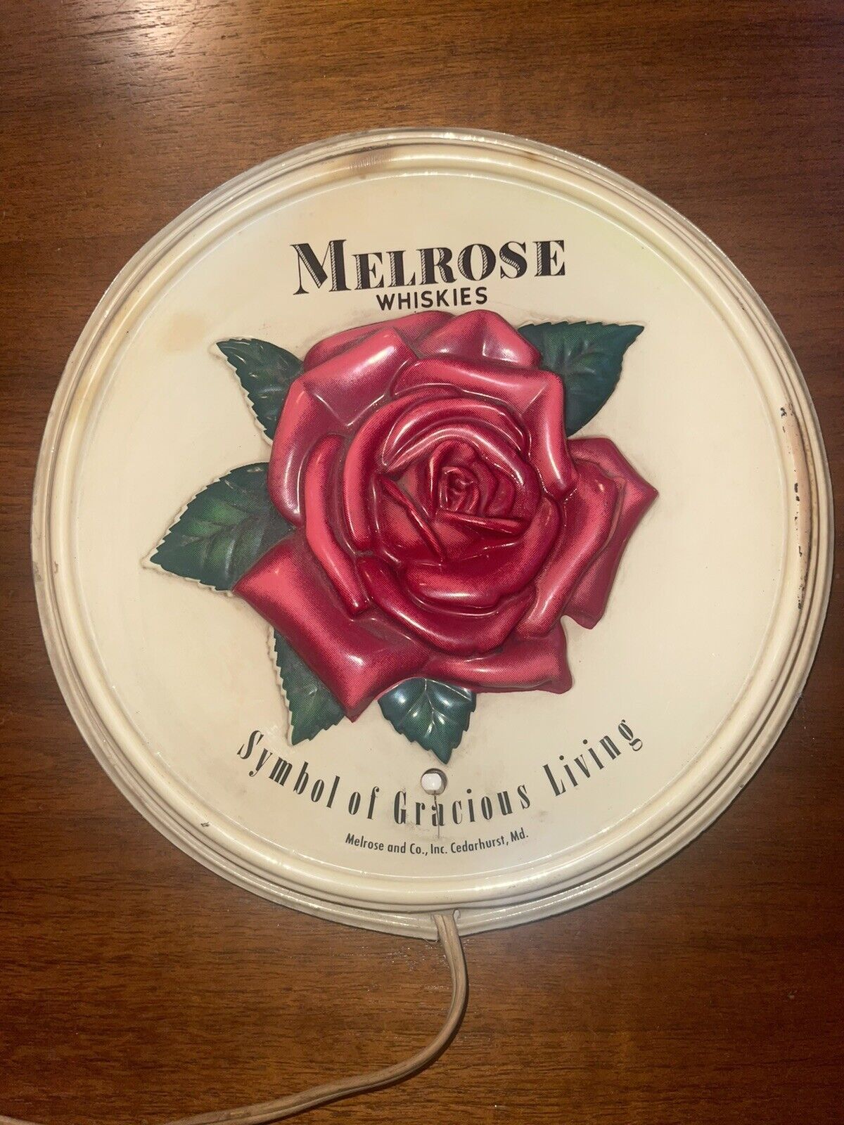 Vintage Melrose Whiskies - Symbol Of Gracious Living Rose Sign Light 9” Round