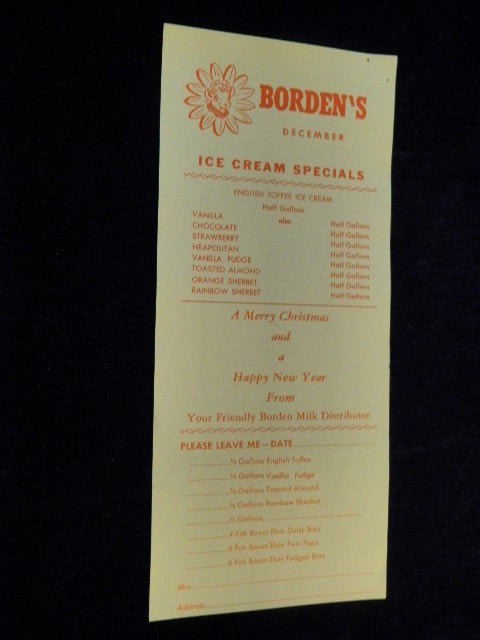 Vtg Borden\'s Ice Cream December Christmas Special Home Delivery Order Form A27 Vtg Borden\'s Ice Cream December Christmas Special Home Delivery Order Form A27