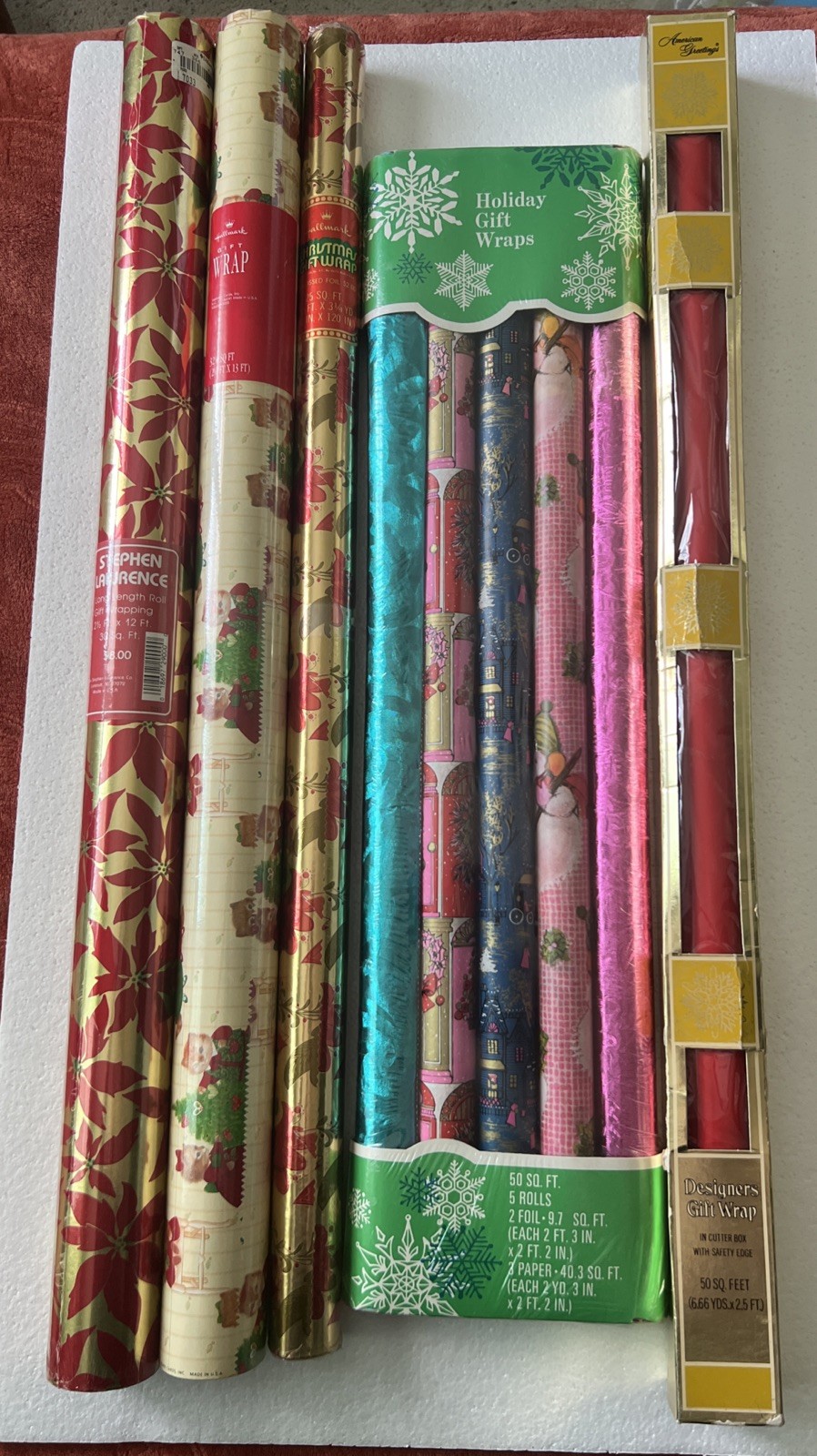 Vintage Christmas Wrapping Paper Stephen Lawrence Cats Red MCM Pink Blue 1967-90