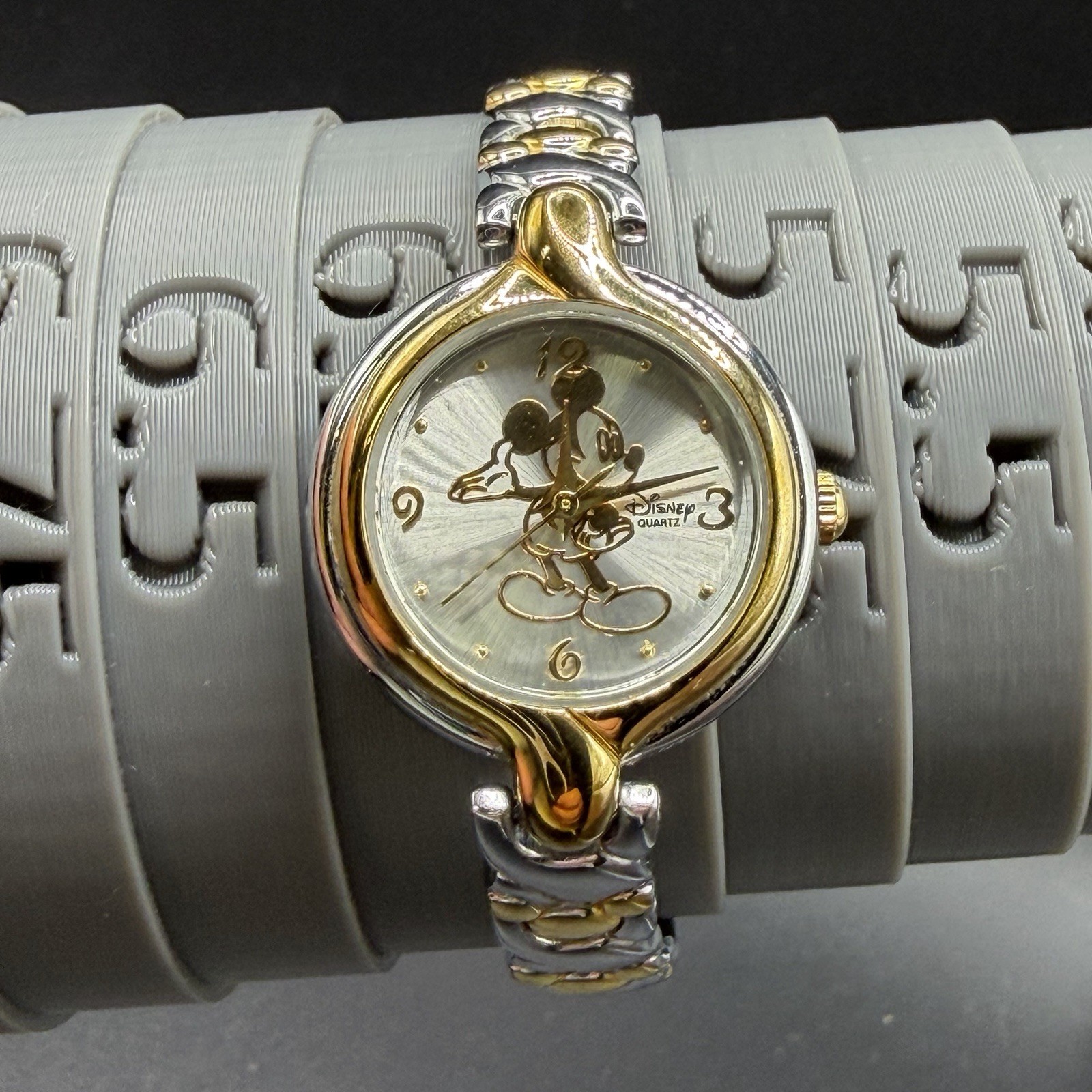 Mickey Mouse Disney Women’s Watch Gold Silver Tone Logo Band. Works Great