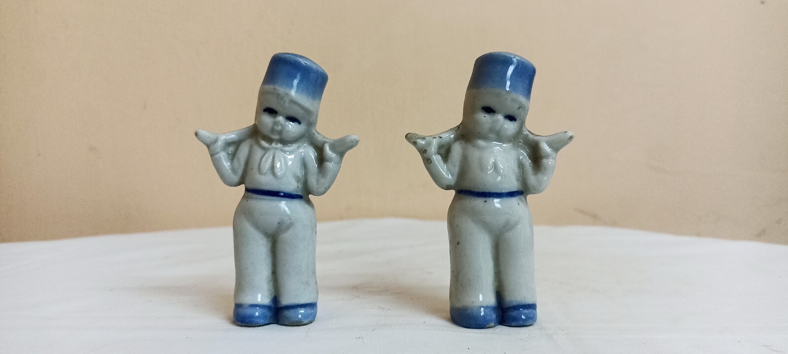 Porcelain Blue Dutch Boys Figurine Statue Antique Vintage Old Rare Pottery Japan