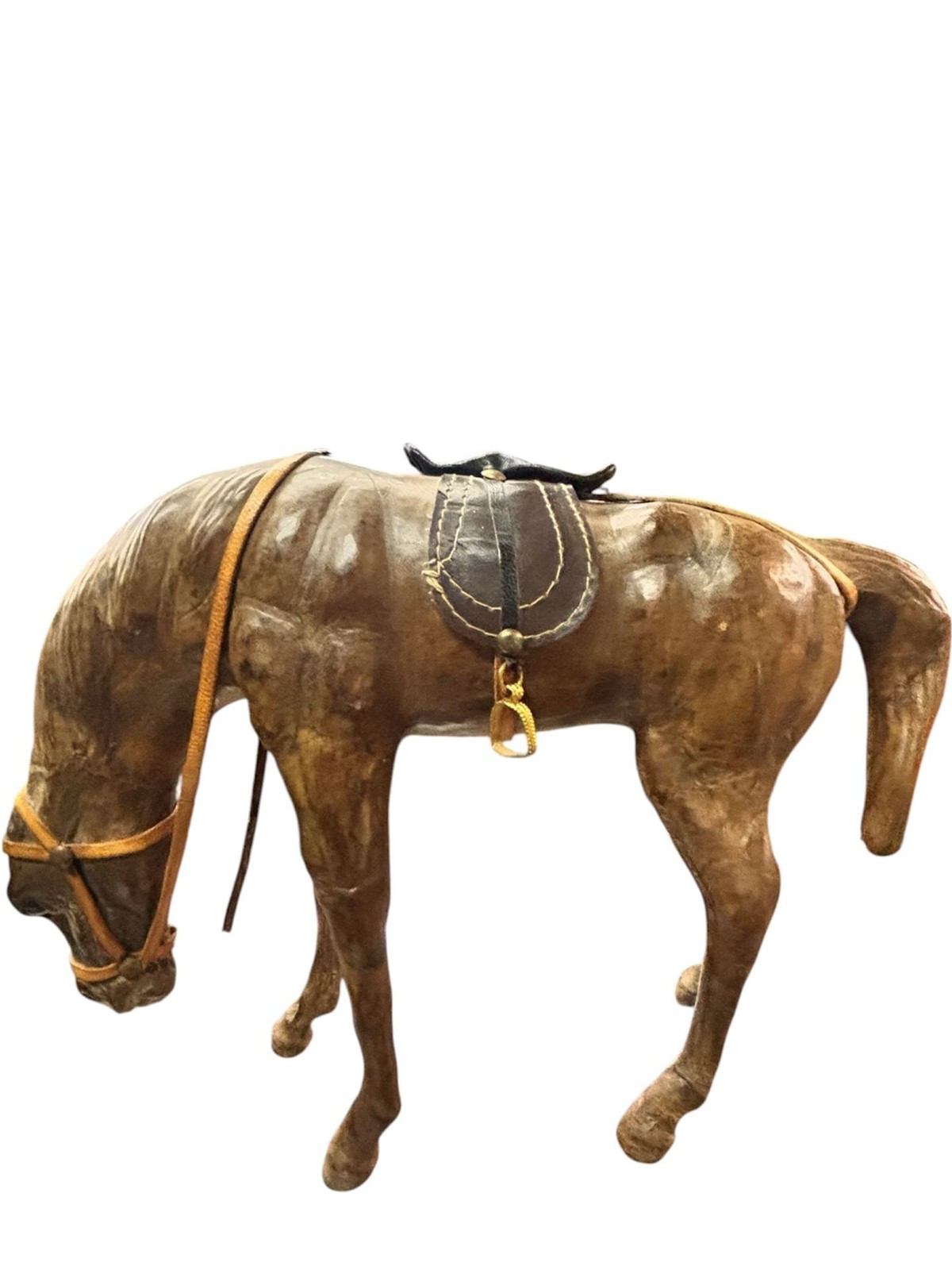 Vintage Handcrafted Leather Wrapped Grazing Horse Figurine Statue with Saddle