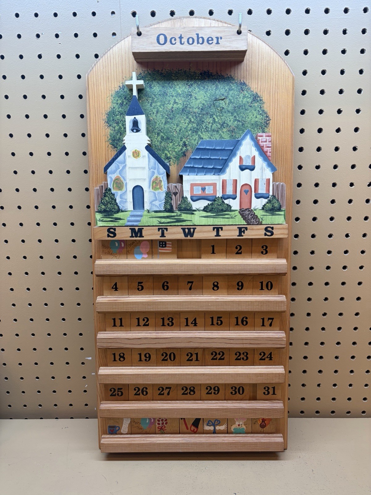 VTG Wooden Perpetual Wall Hanging Calender House Church Grannycore Cottagecore