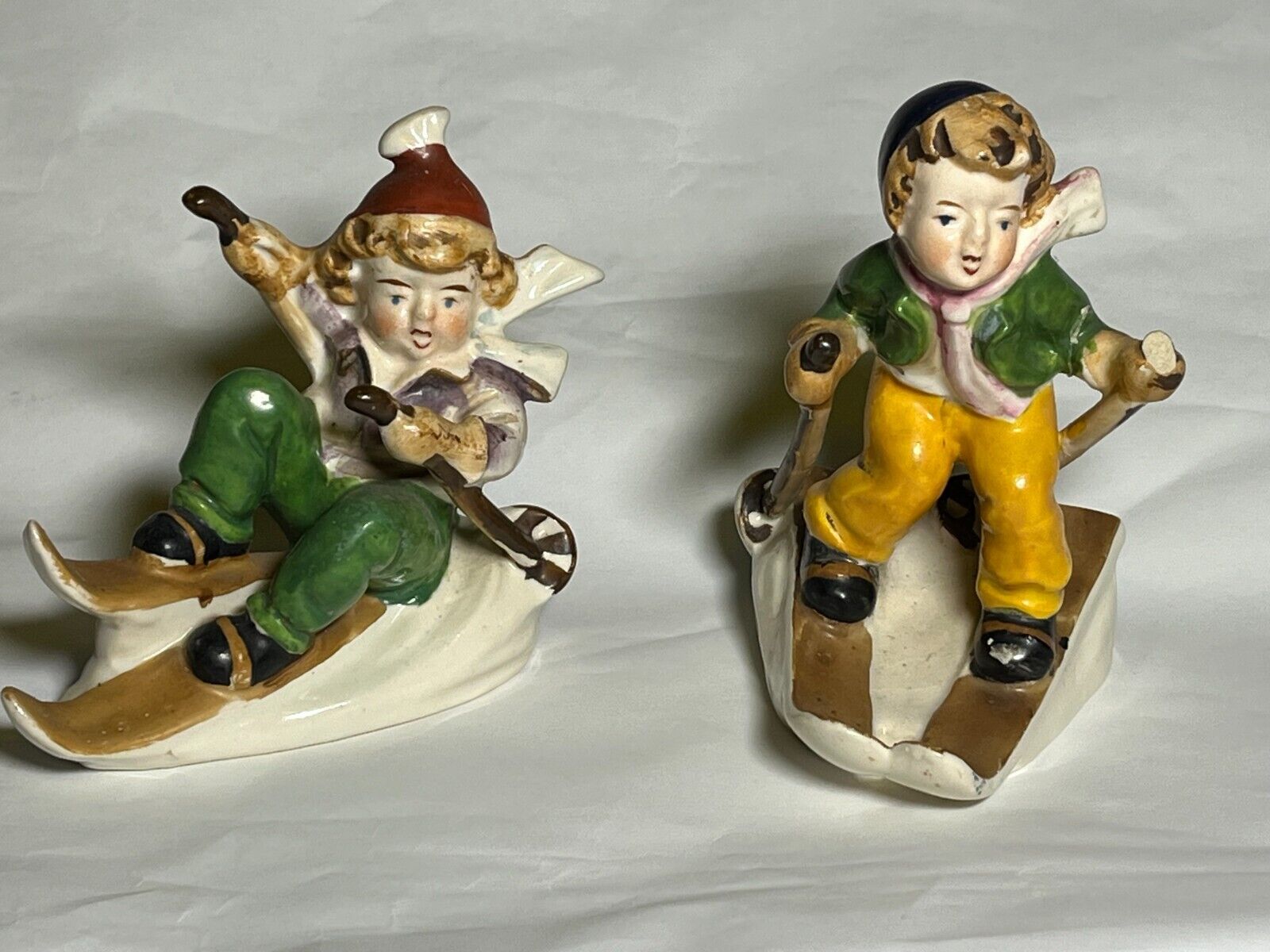 Vintage 1950s 2-Lot Figurine Skiing Children On Skis Made Occupied Japan