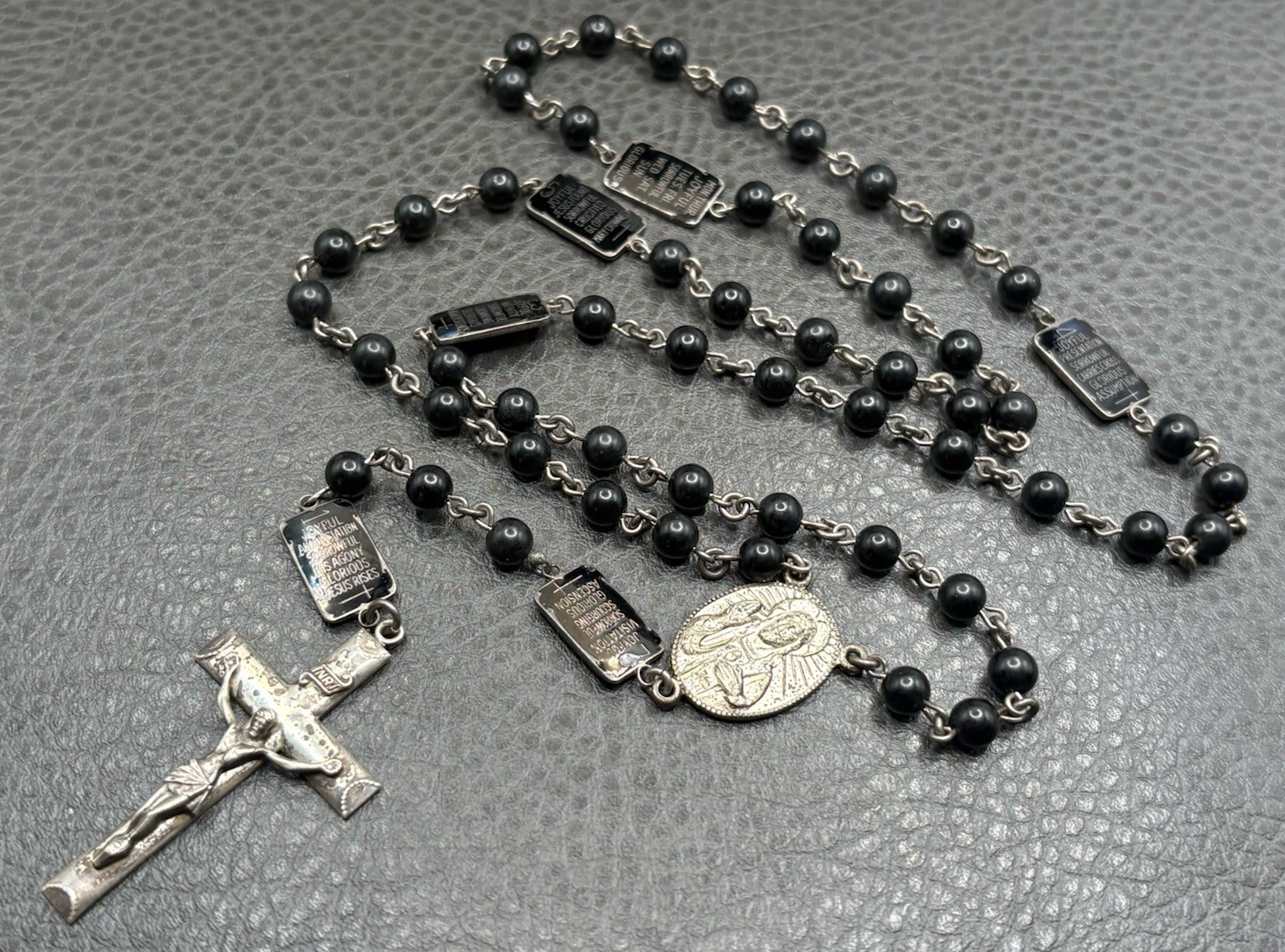 Vintage Rare Creed Sterling Silver Crucifix Cross Black Enamel Station Rosary