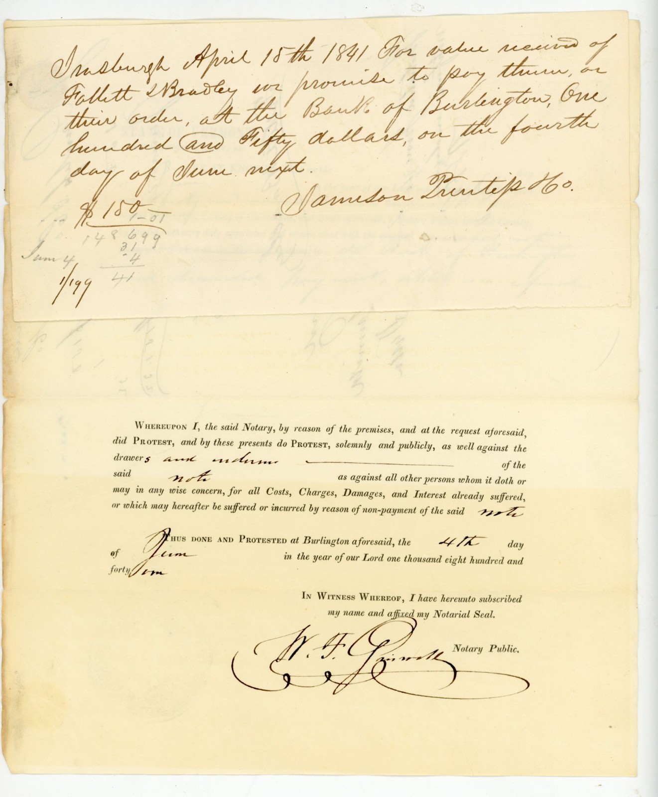 1841 Vermont Notary Protest Document Bank Burlington Irasburgh Promissory Note