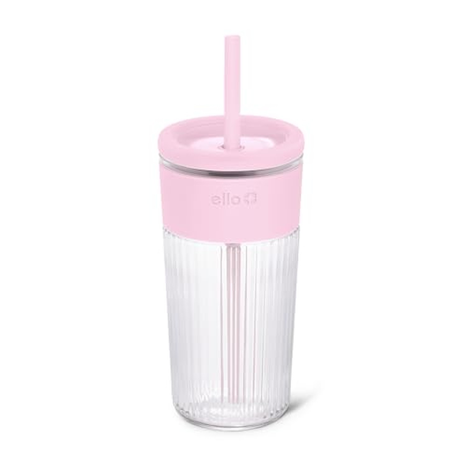 Ello Ava 18oz Glass Tumbler with Straw and Lid for Iced Coffee,Pink Orchard