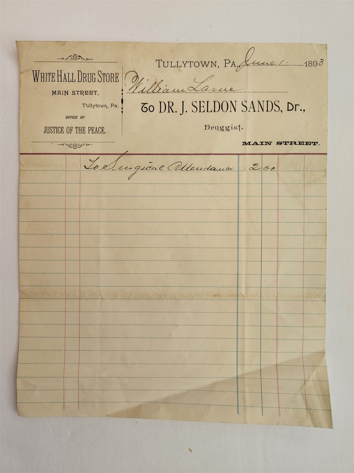 1893 antique WHITE HALL DRUG STORE tullytown pa DR J SELDON SANDS jop office