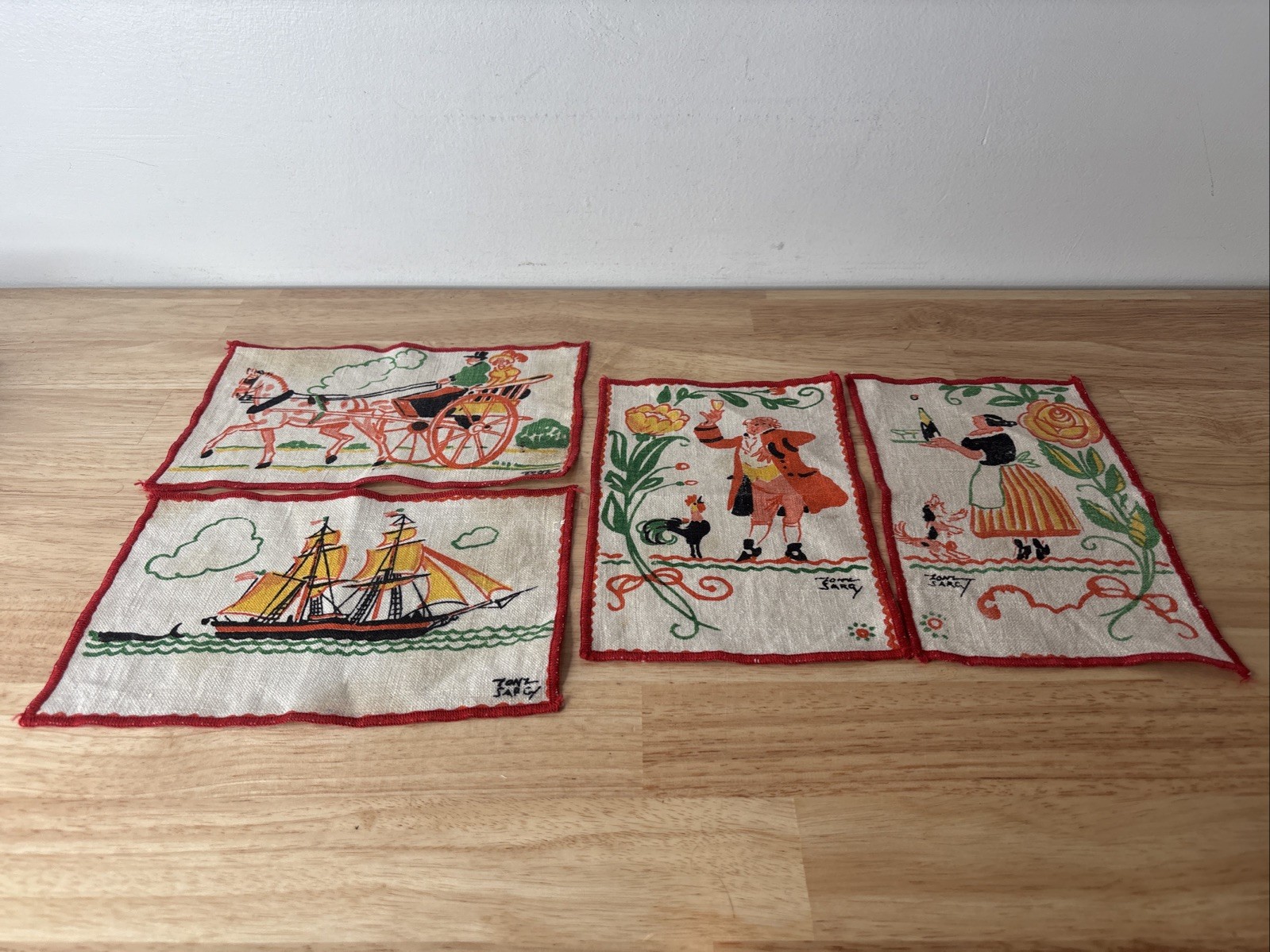 Vintage Tony Sarg Linen Cocktail Napkins Place Mats Set 4 Carriage Ship Folk Art