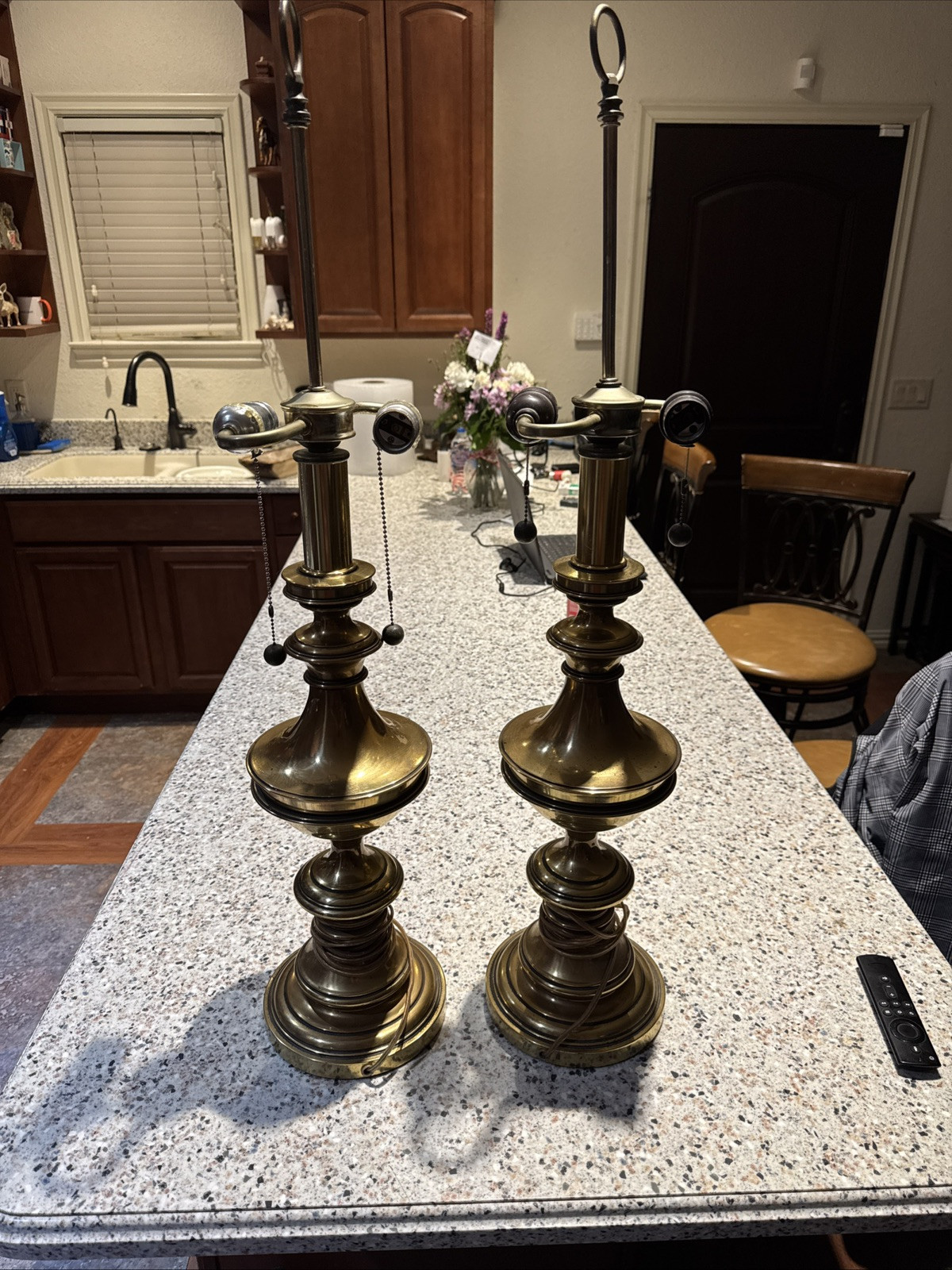 Pair Vintage Two Bulb Brass Column Table Lamps Hollywood Regency  Set Of 2