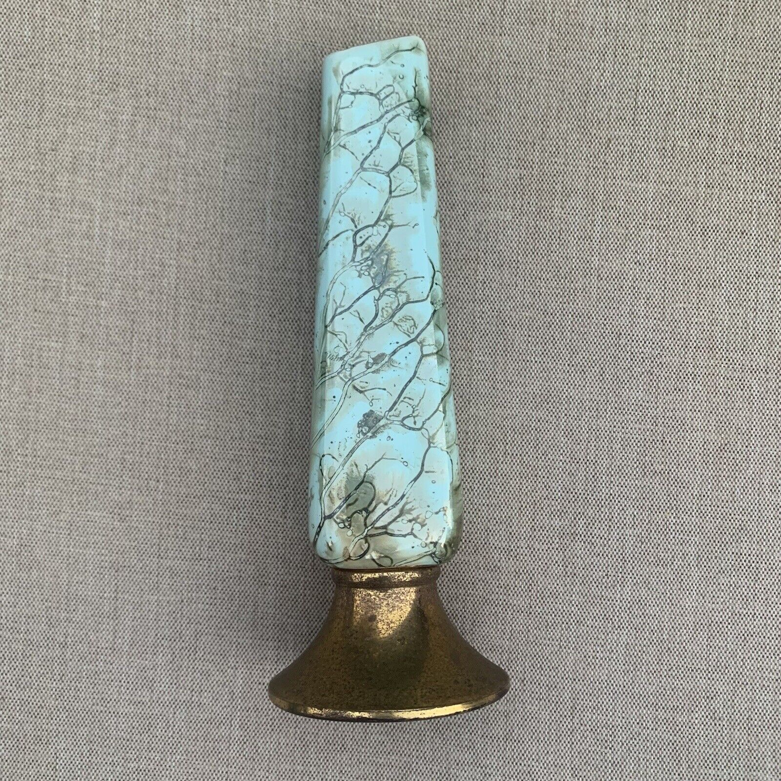 Delft’s Holland Vtg Hand Painted Marbled Turquoise MCM Bud Vase Brass Base 7.5\