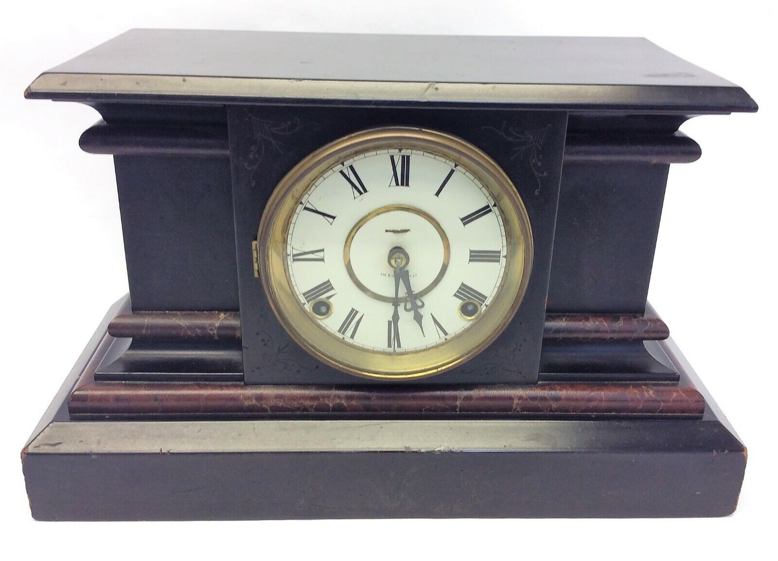 E Ingraham Black Mantle Shelf Clock Wooden Wood Vintage Used Pendulum Key 