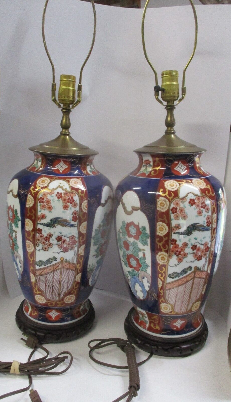 Pair of Vintage Porcelain Imari Style Floral Pattern Ginger Jar Table Lamps