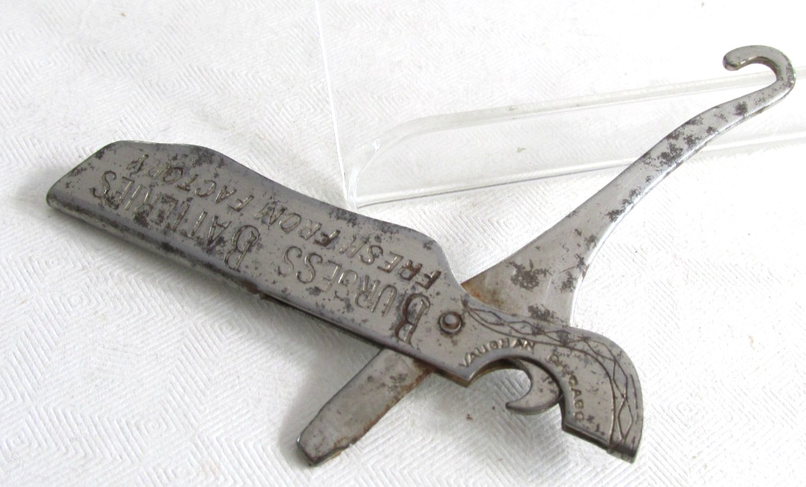 Vintage BURGESS BATTERIES Advertising Button Hook, Cigar Cutter, Bottle Opener