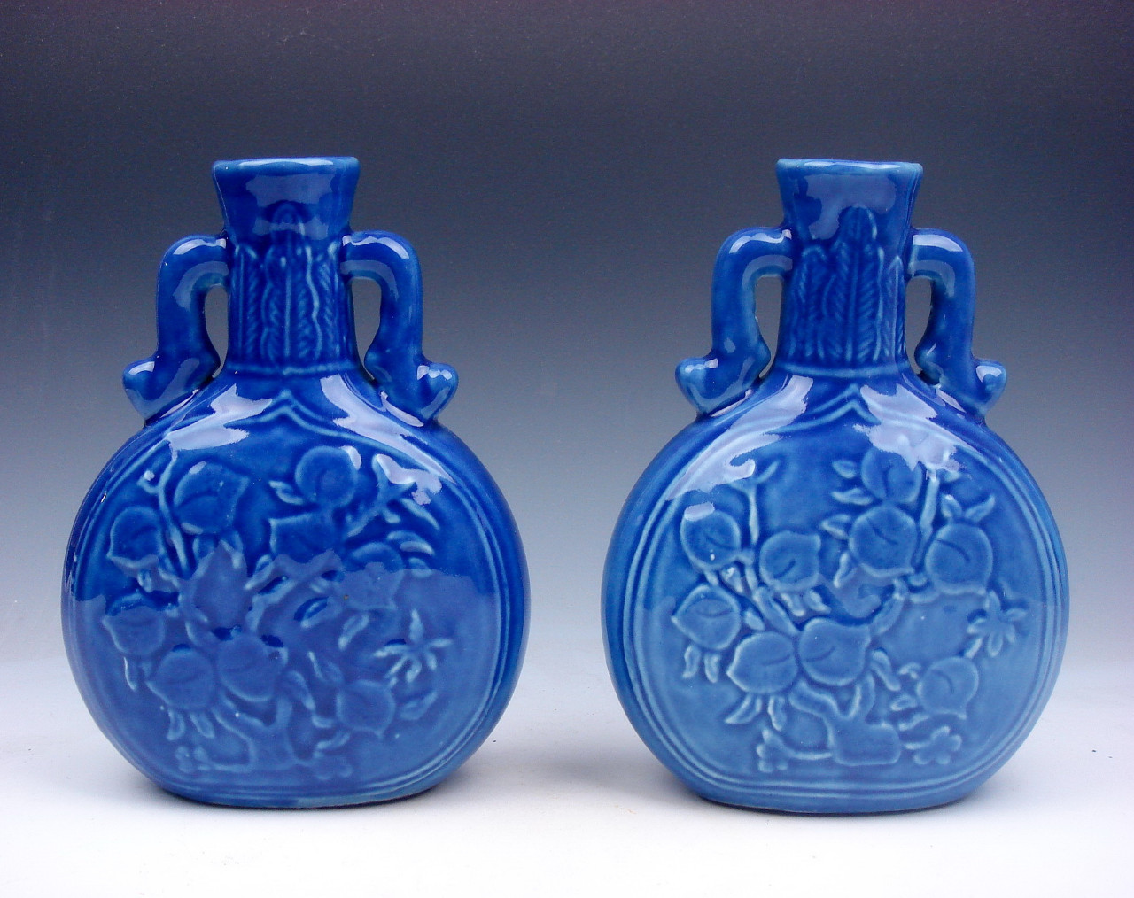 Pair 6.5 Inches Blue Glazed Porcelain Flask Vases Peaches Trees Carved #12051502