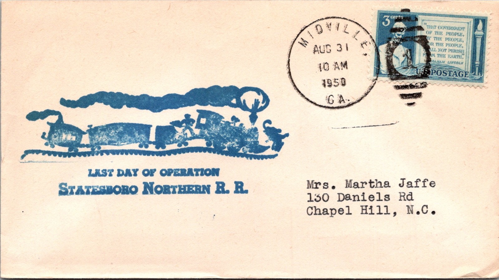 AUGUST 1950 STATESBORO NORTHERN RAILROAD MIDVILLE, GA SOUVENIR ENVELOPE