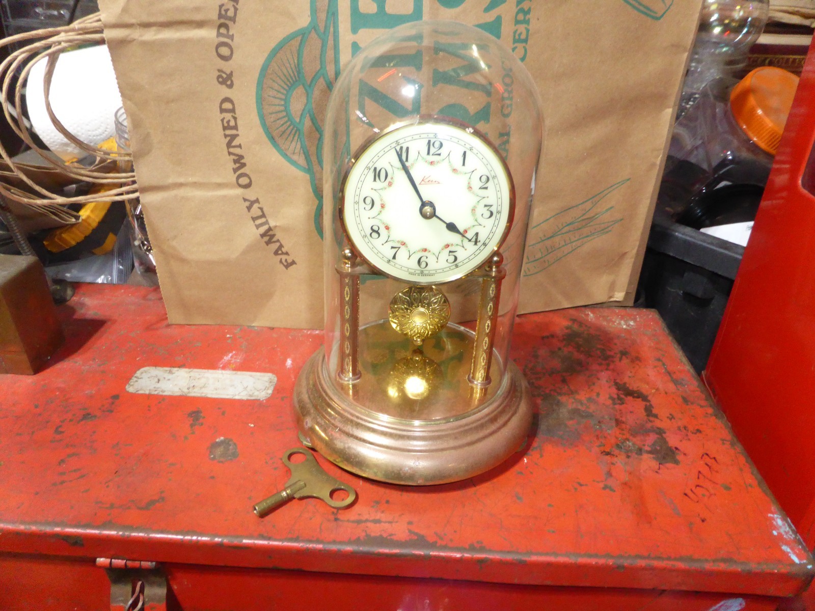 VINTAGE KERN PENDULUM,GLASS DOME MANTEL/SHELF CLOCK + KEY   WORKS GOOD, GERMANY