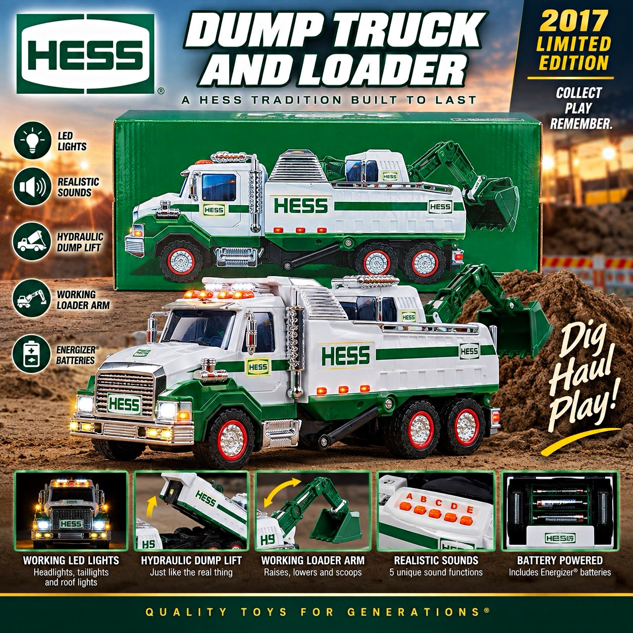 2017 Hess Dump Truck & Loader Toy NIB Original Box Shipping Carton Lights Sound
