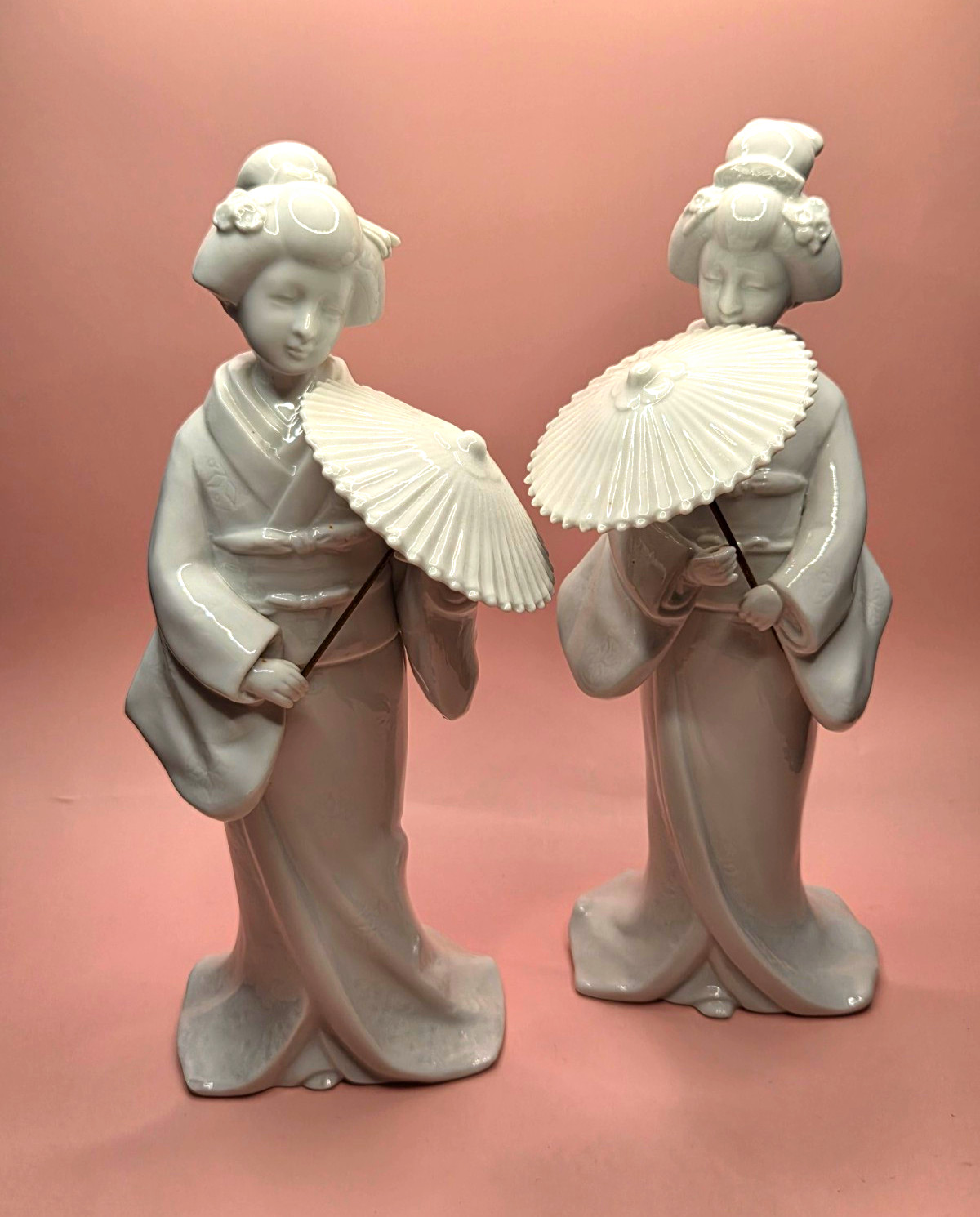 Vintage Whote Porcelain Japanese Geisha Figurine Pair Fan Floral Kimono 9