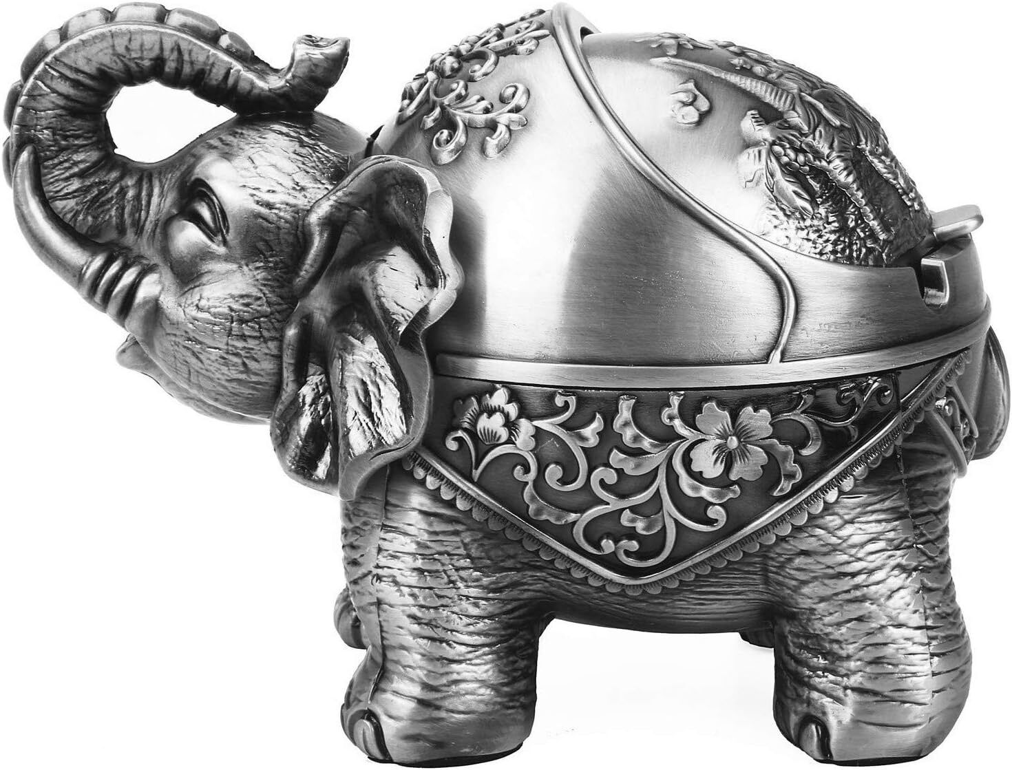 Metal Elephant Ashtray with Lid Windproof Outdoor, Large, Pewter 